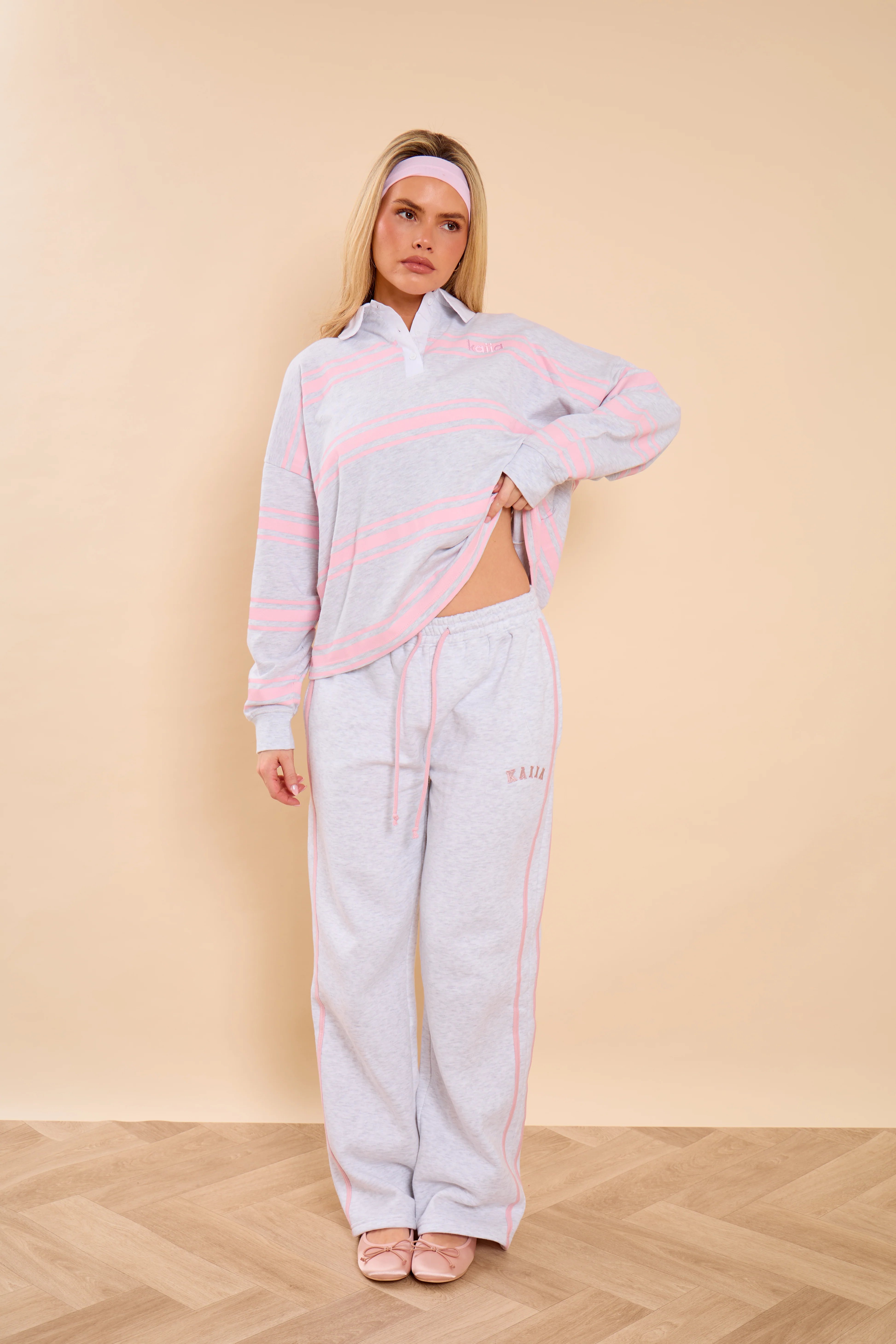Kaiia Kaiia Striped Oversized Rugby Shirt Light Grey Marl & Pink Sugar - 3