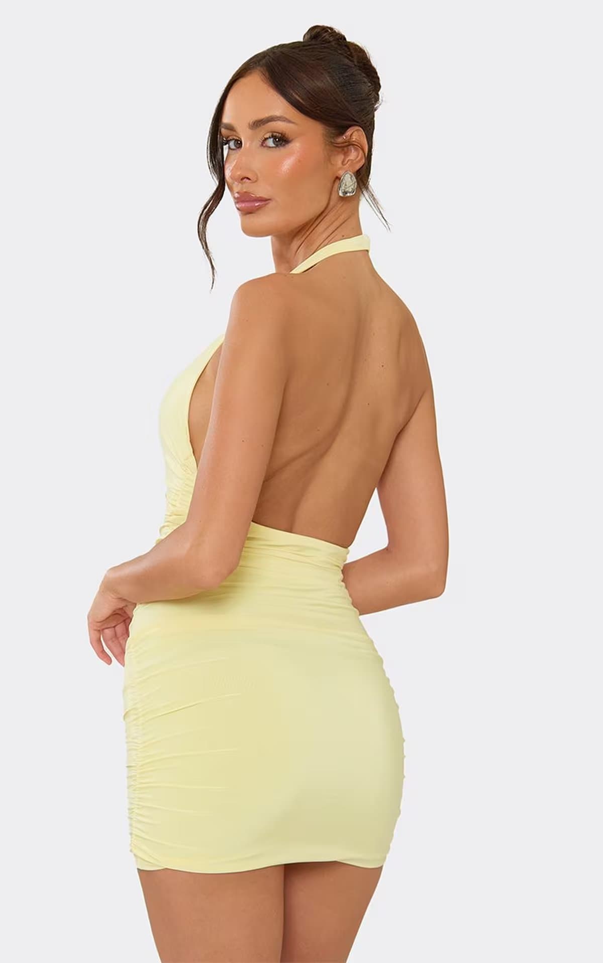 EGO Halterneck Plunge Front Mini Dress In Lemon, Women's Size UK 6