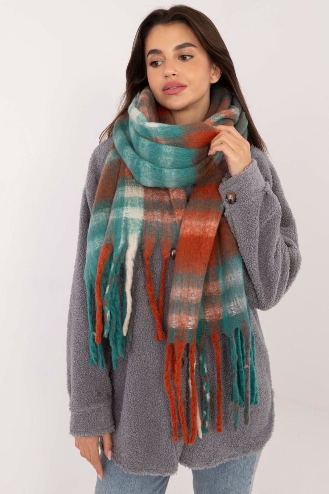 Love Lace Love Lace Green Checkered Polyester Scarf with Fringe Trim