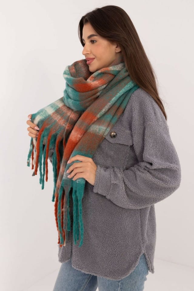 Love Lace Love Lace Women's Elegant Classic Checkered Polyester Scarf with Fringe Trim in Green - 2