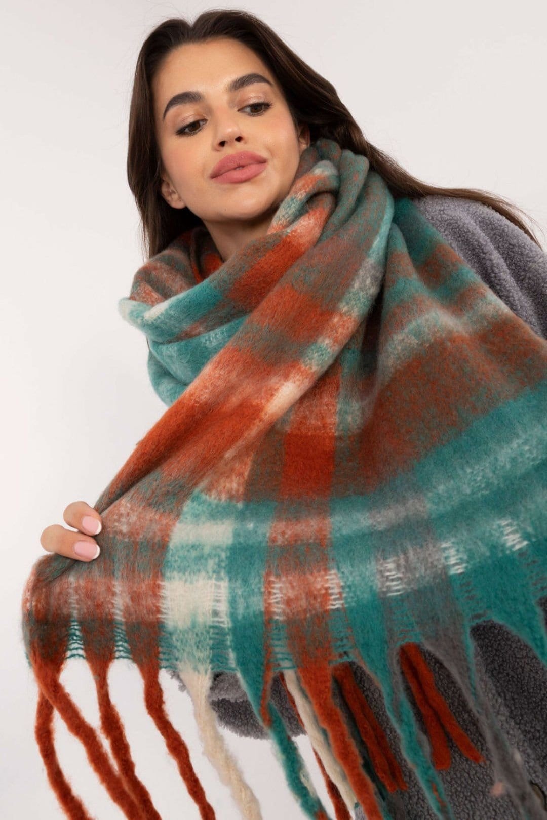 Love Lace Love Lace Women's Elegant Classic Checkered Polyester Scarf with Fringe Trim in Green - 4