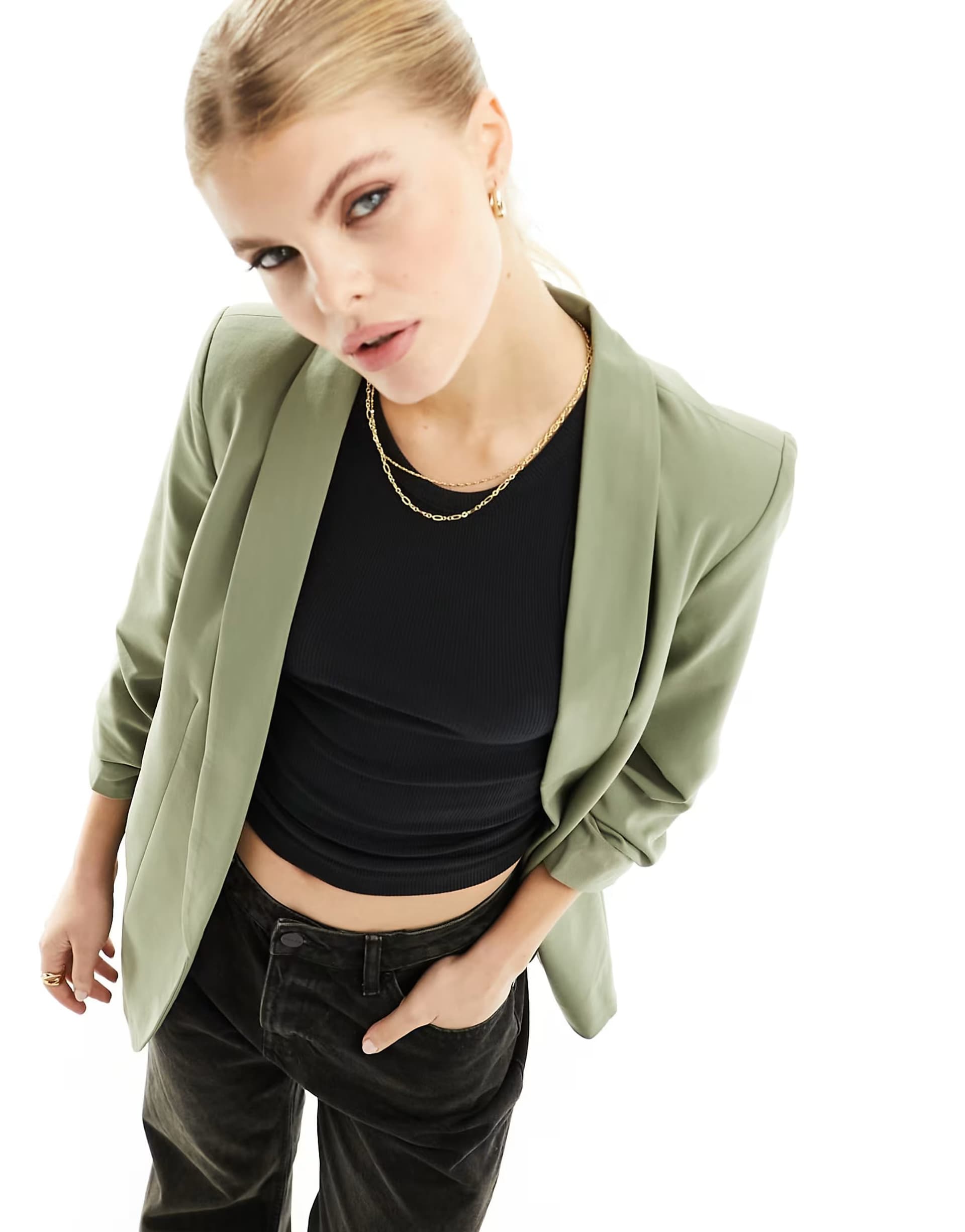 ASOS Pieces ruched sleeve blazer in khaki