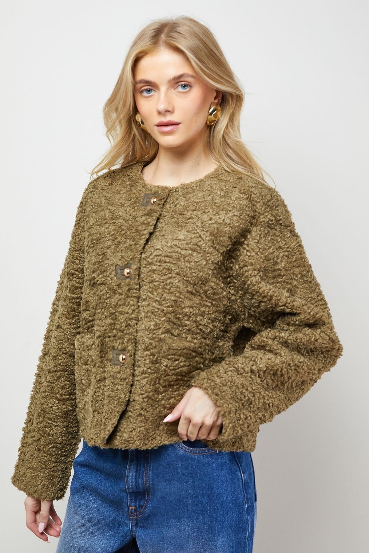 Oasis Oasis Women's Faux Fur Brown Short Coat in Olive - 1