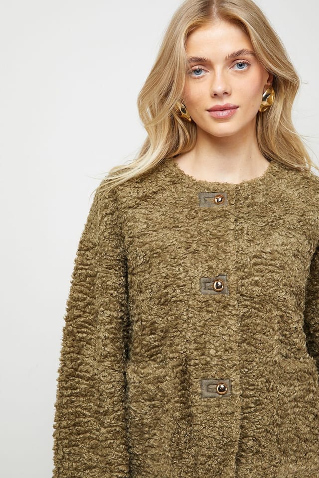 Oasis Oasis Women's Faux Fur Brown Short Coat in Olive - 2