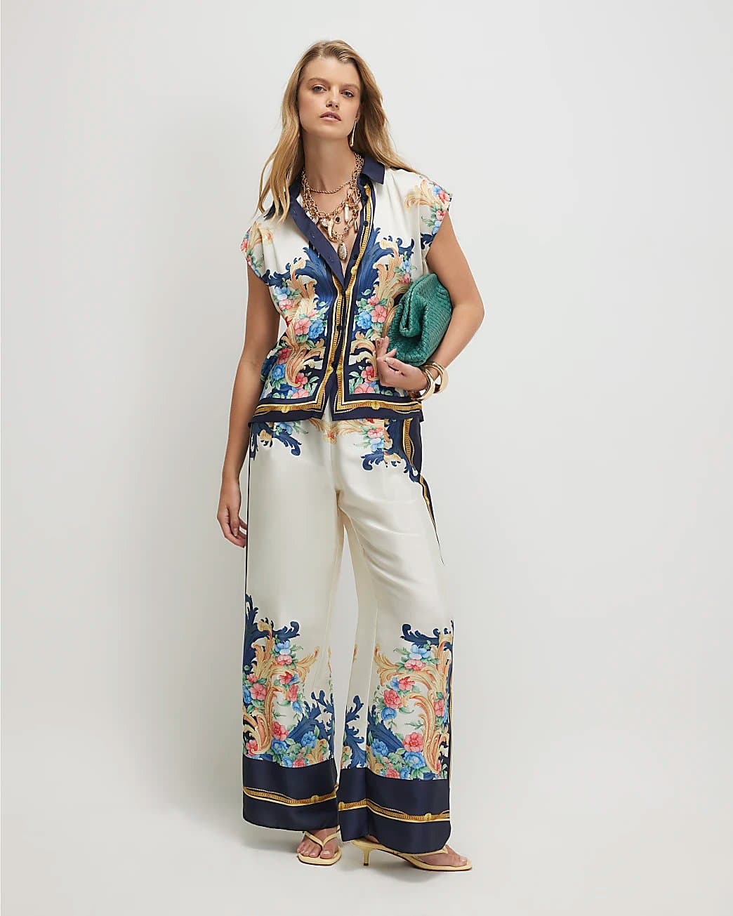 River Island River Island Womens Blue Chain Print Floral Wide Leg Trousers