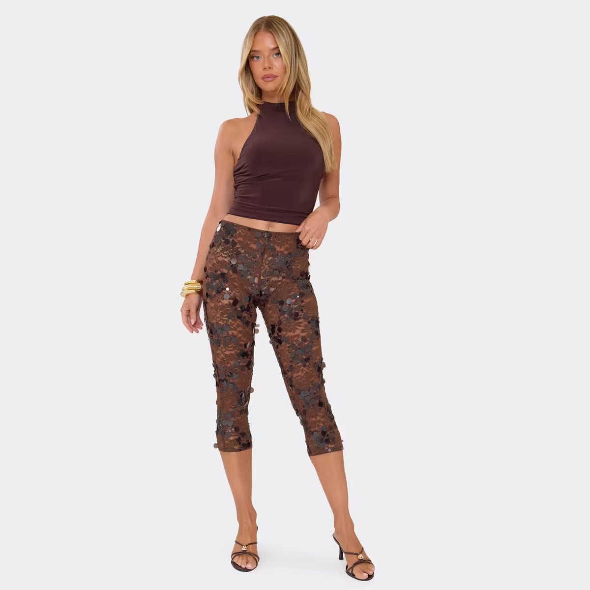 EGO Mid Rise Sequin Detail Capri Trousers In Chocolate Brown Lace., Women's Size UK 6