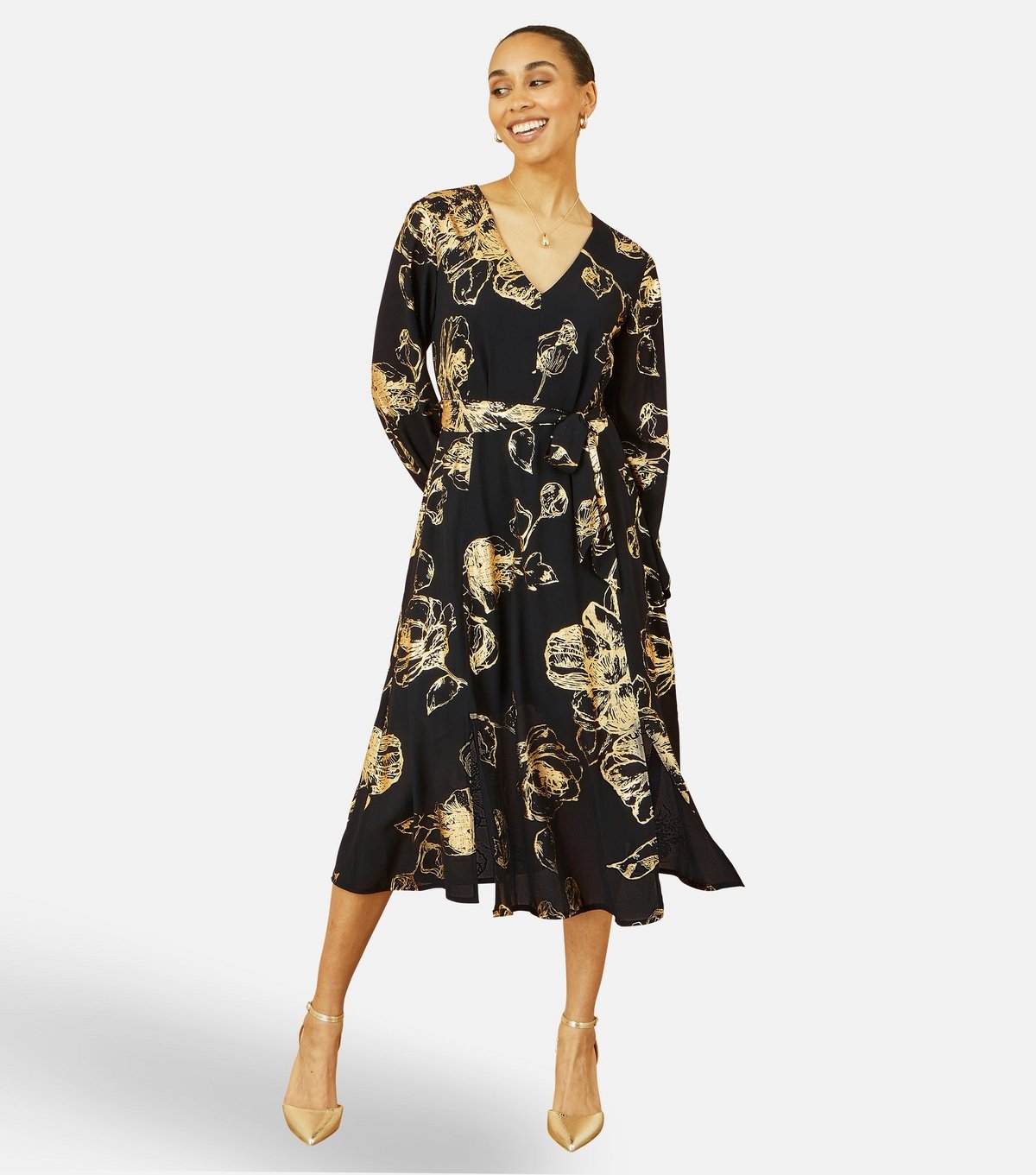 Yumi Women's Black Foil Long Sleeve Midi Dress Yumi New Look - 2