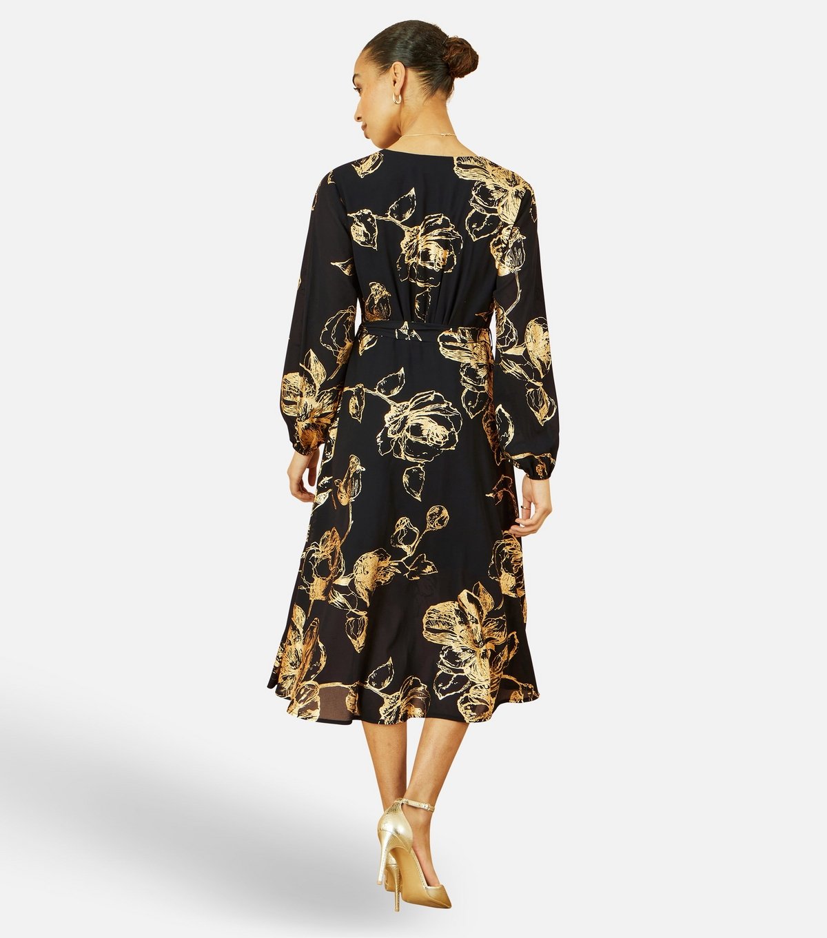 Yumi Women's Black Foil Long Sleeve Midi Dress Yumi New Look - 4