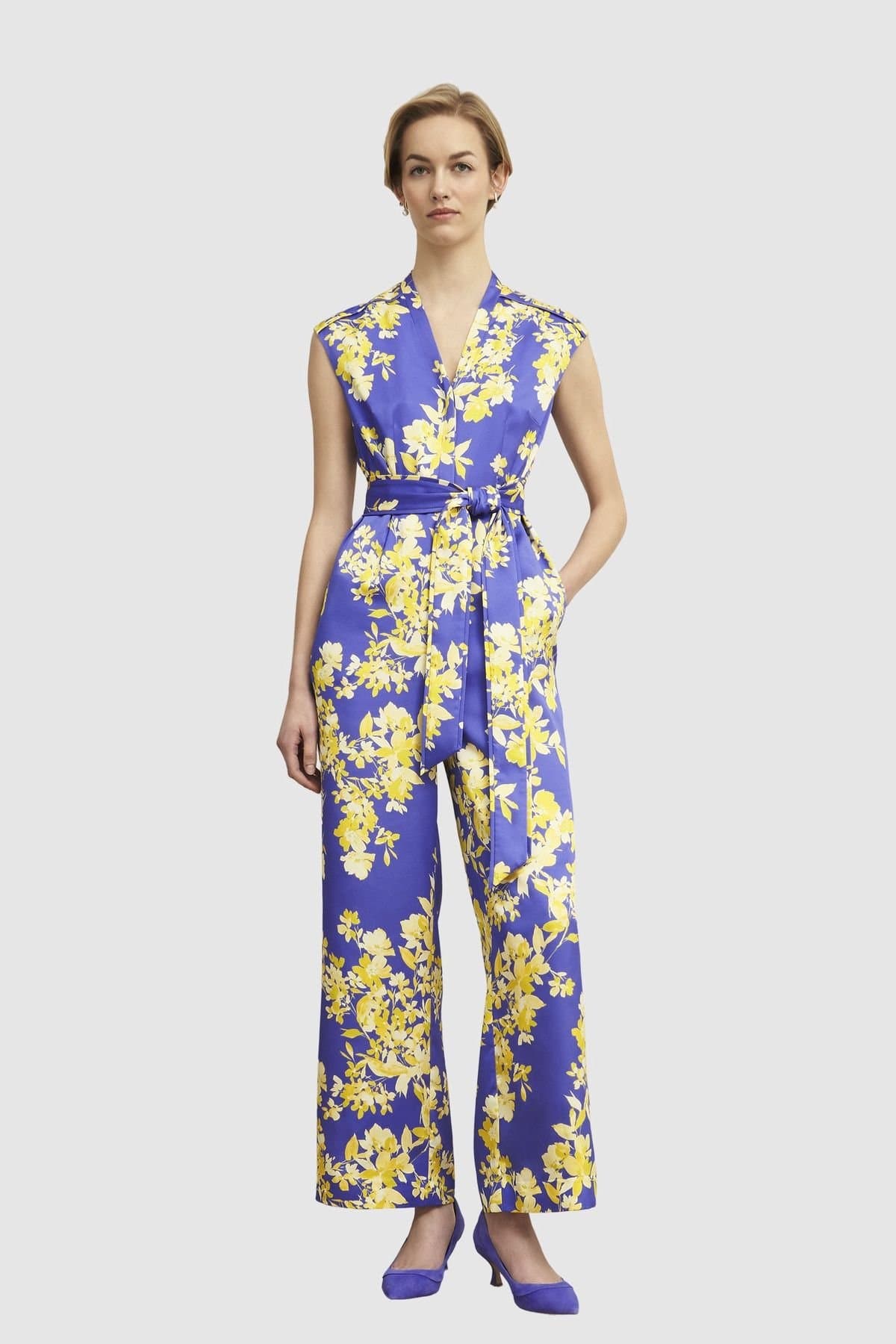Hobbs London Hobbs London Women's Macey Floral V-Neck Jumpsuit in Cobalt