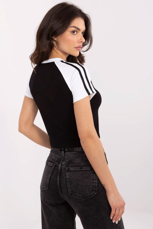 Love Lace Love Lace Women's Embellished Embroidery Sequin Stripe Crop Tee in Black - 3