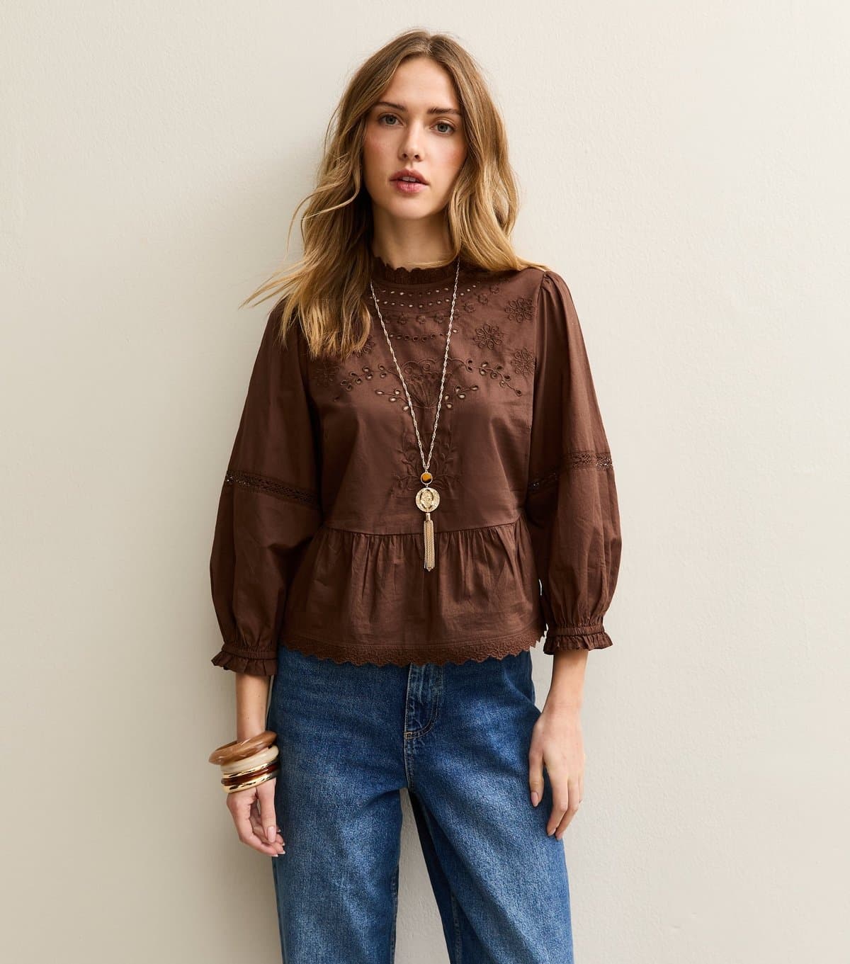 New Look Women's Dark Brown Embroidered 3/4 Sleeve Blouse New Look