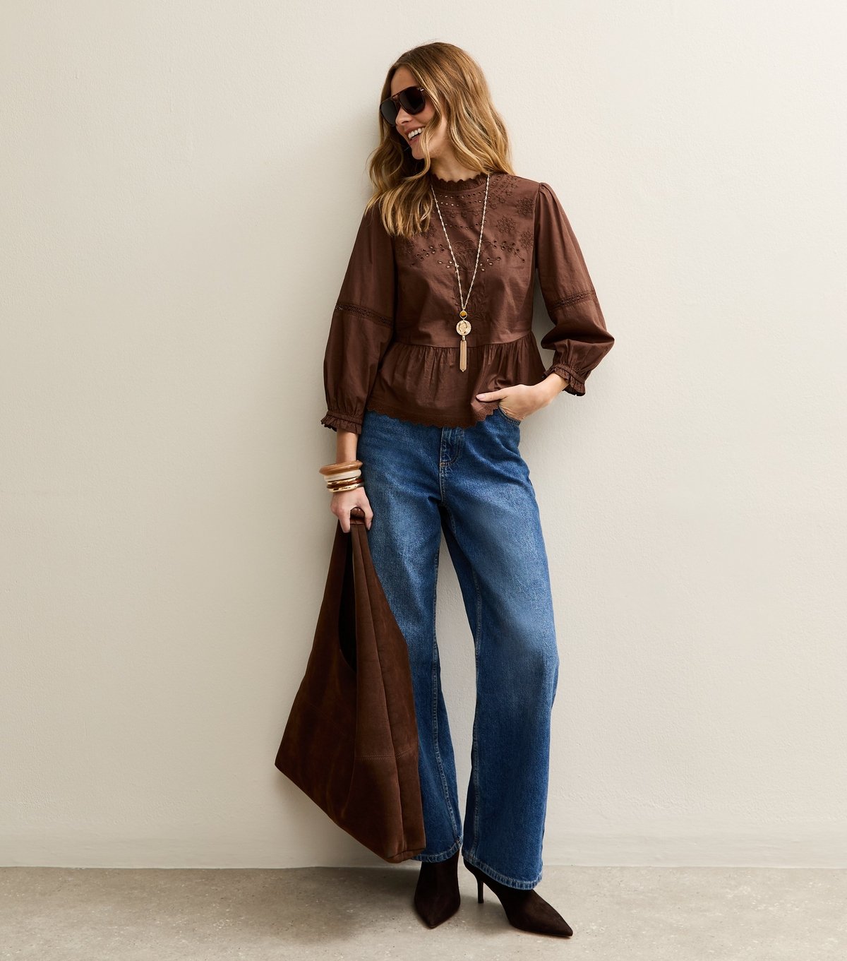 New Look Women's Dark Brown Embroidered 3/4 Sleeve Blouse New Look - 3