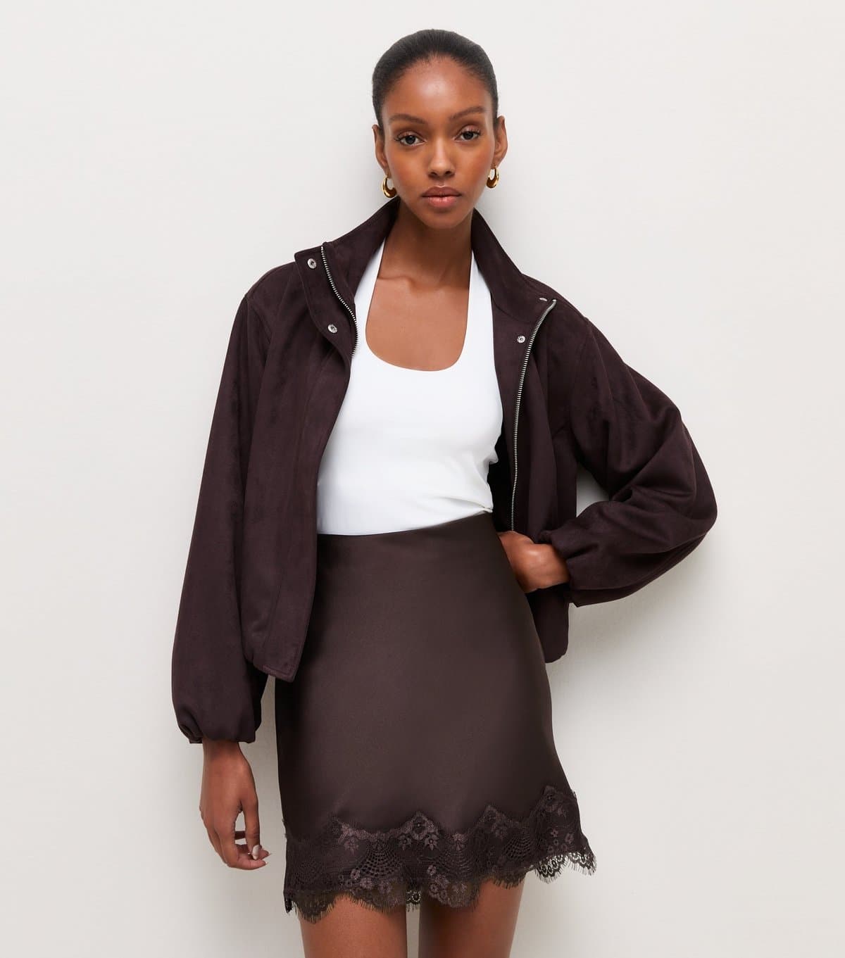 New Look Women's Dark Brown Satin Lace Scallop Trim Mini Skirt New Look