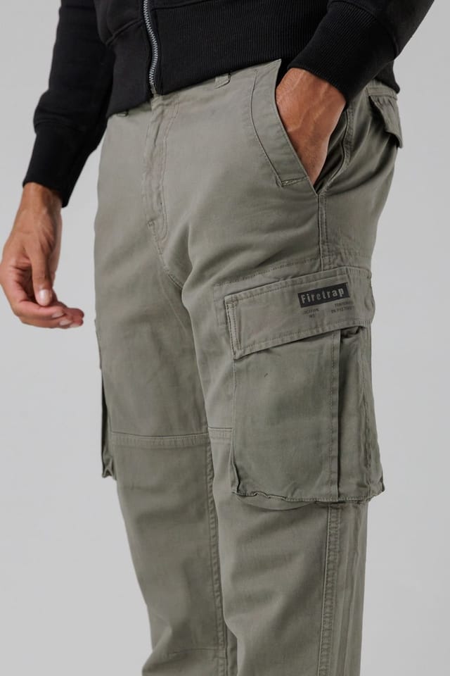 Firetrap Firetrap Men's Cotton Stretch Utility Cargo Trousers with Oversized Pockets in Khaki - 3