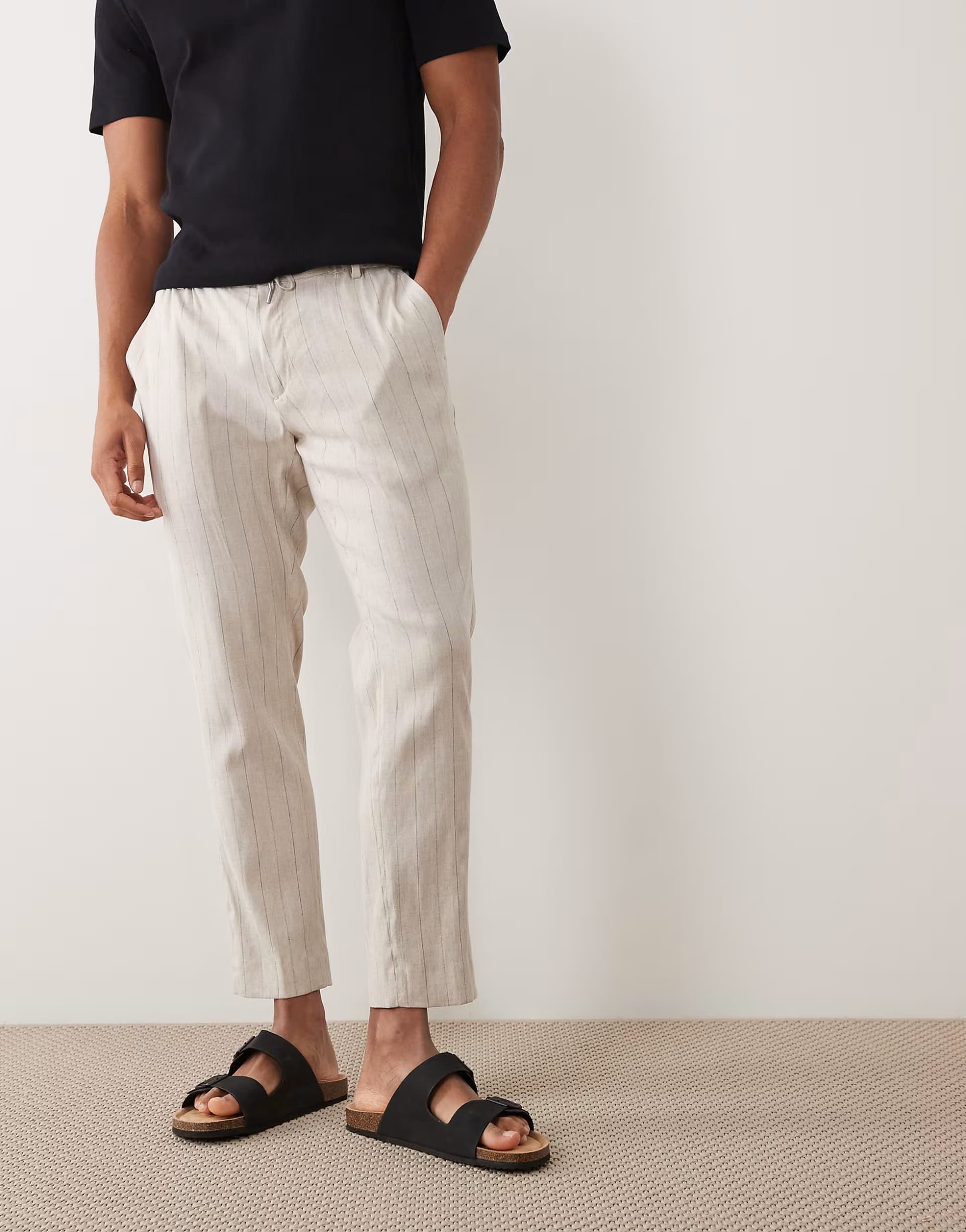 ASOS Mango pin stripe linen mix straight leg trousers elasticated waist in ecru