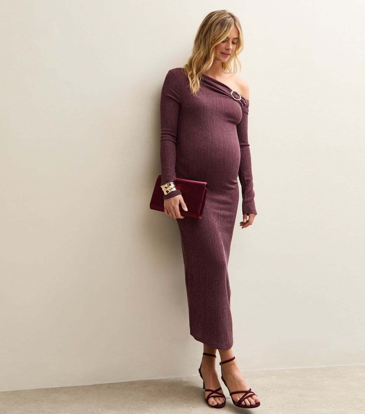 New Look Maternity Dark Burgundy Off-Shoulder Midi Dress