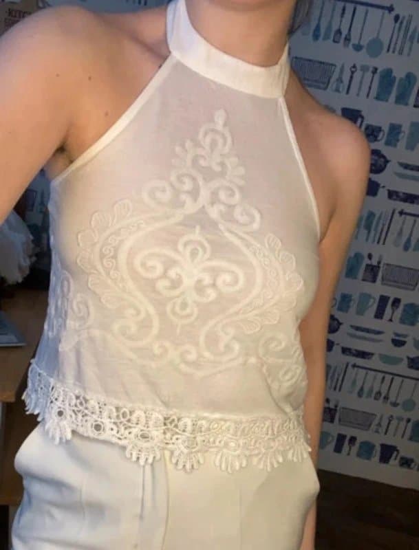 Bershka Bershka cream embroidery detail floaty summer top halter neck xs 6 to 8