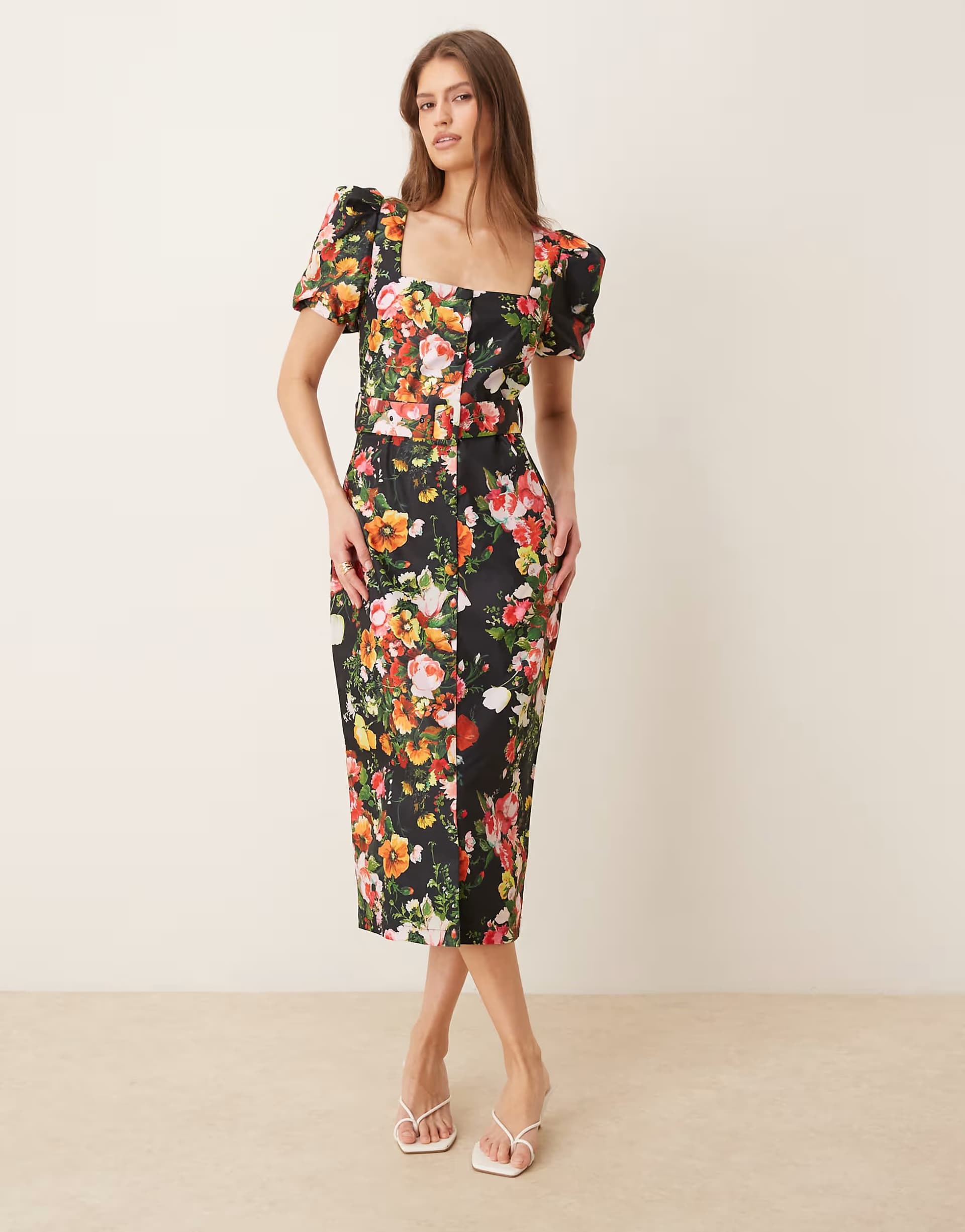 ASOS Hope & Ivy stretch square neck belted midi dress in black floral