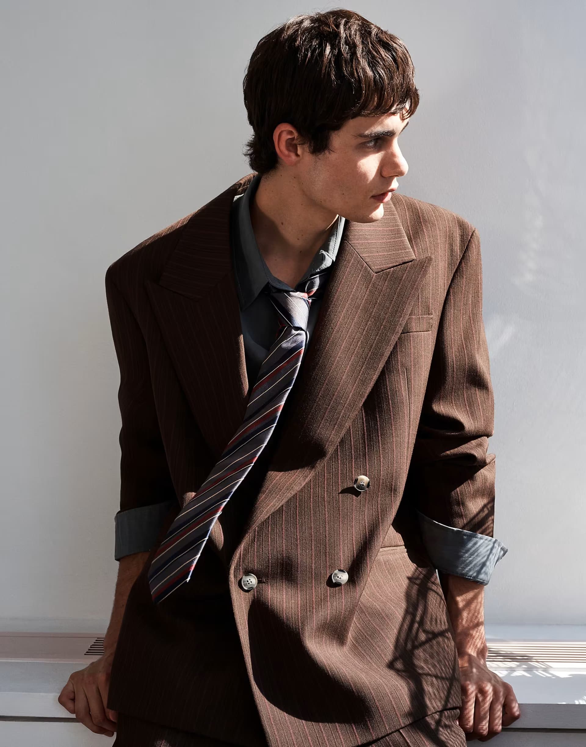 ASOS ASOS DESIGN regular double breasted suit jacket in brown stripe