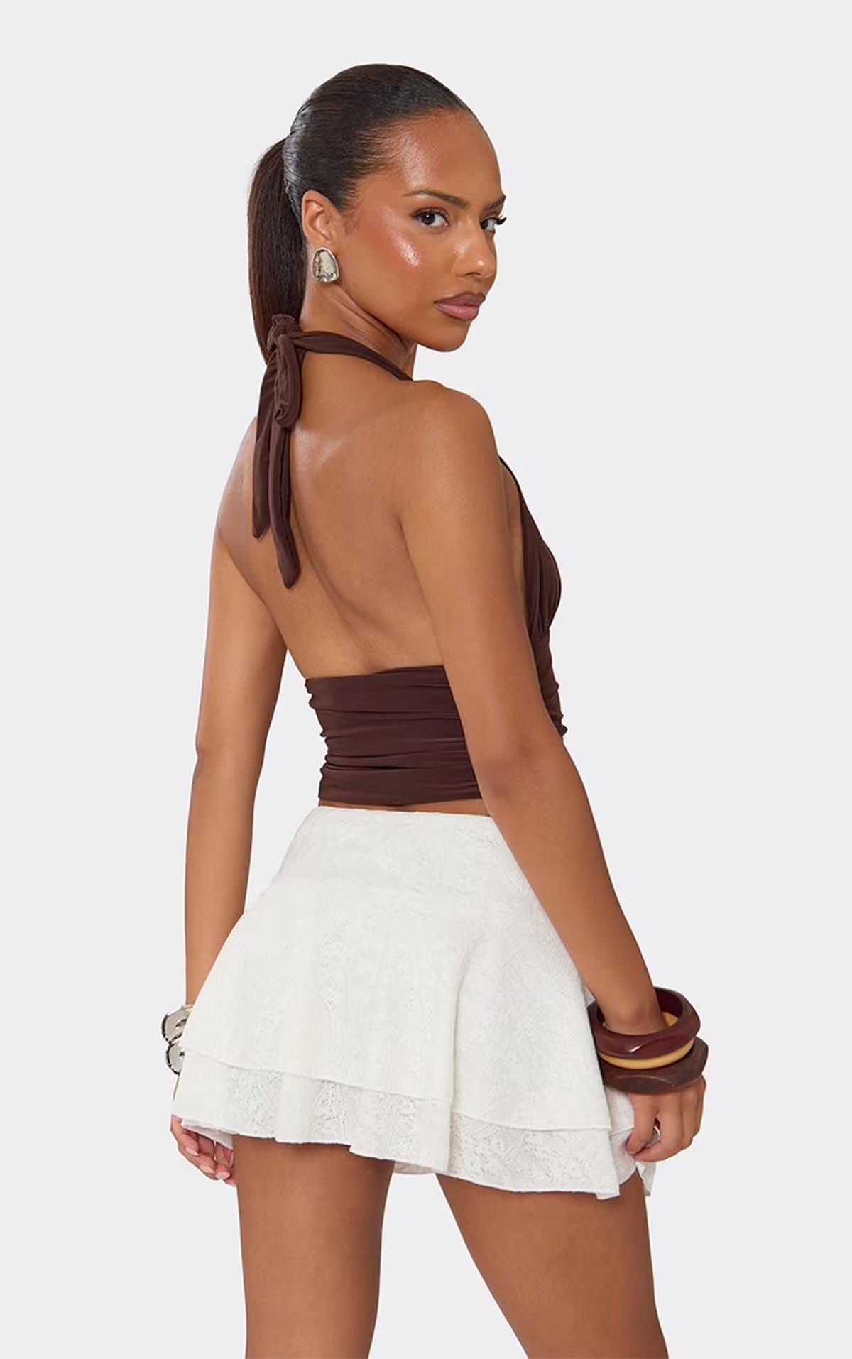 EGO Cream Textured Ruffle Mini Skirt