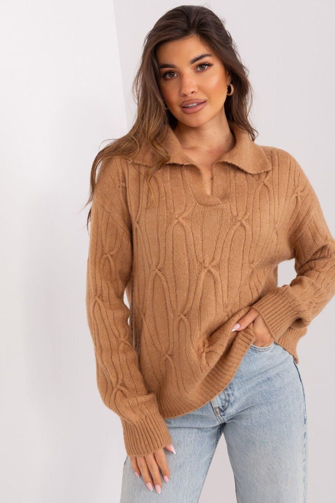 Love Lace Love Lace Women's Acrylic Variegated Long Sleeve Sweater with Collar in Camel