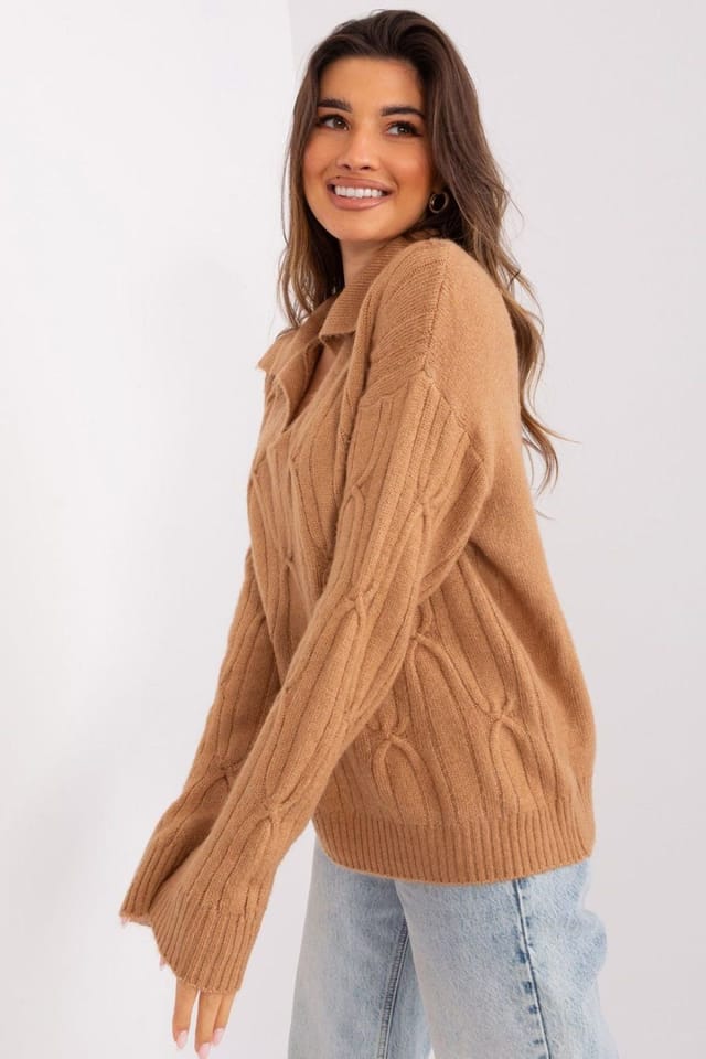 Love Lace Love Lace Women's Acrylic Variegated Long Sleeve Sweater with Collar in Camel - 2