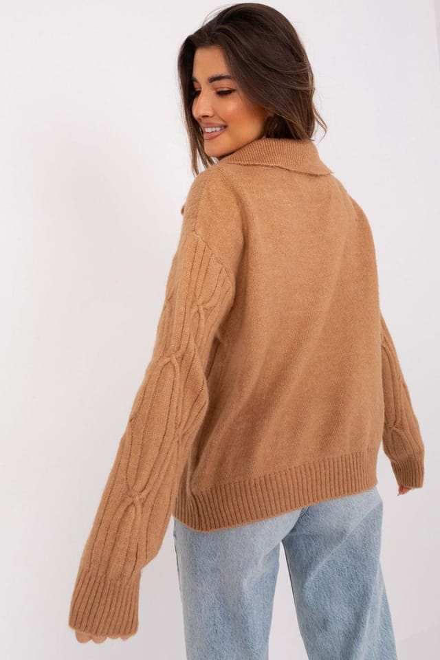 Love Lace Love Lace Women's Acrylic Variegated Long Sleeve Sweater with Collar in Camel - 3