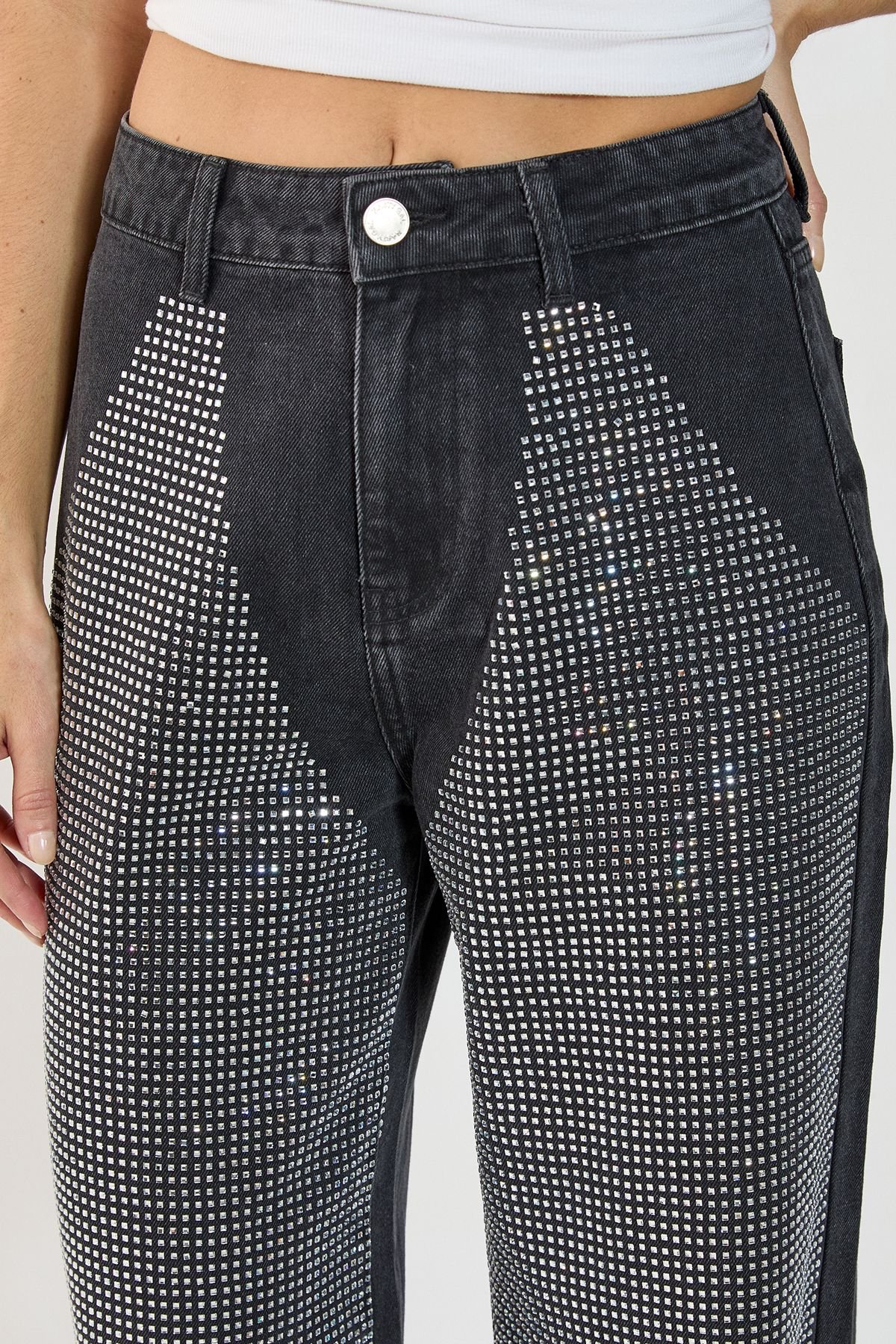 NastyGal NastyGal Women's Diamonte Denim Chap Jeans in Washed Black - 3