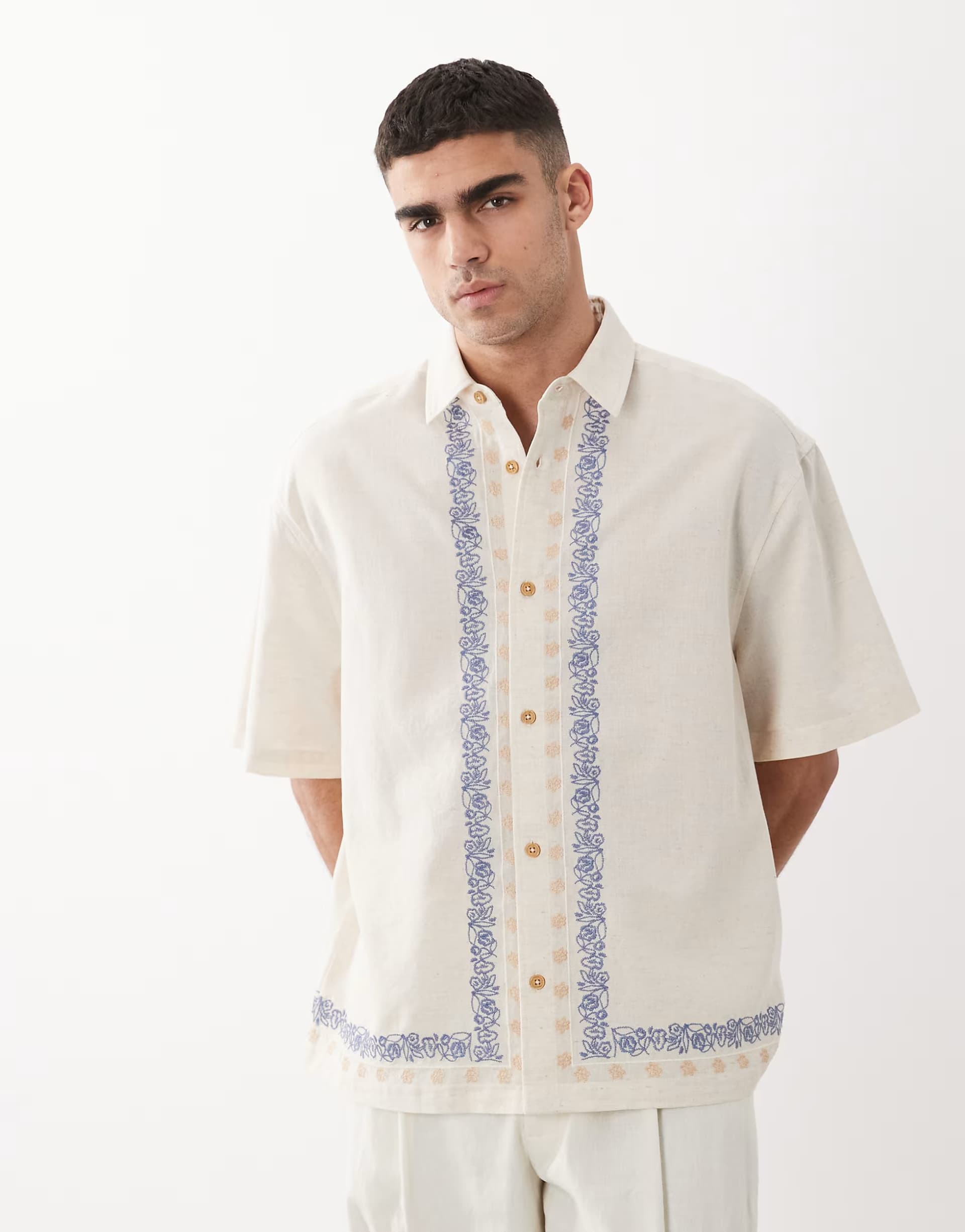 ASOS ASOS DESIGN oversized shirt with linen and border embroidery in stone