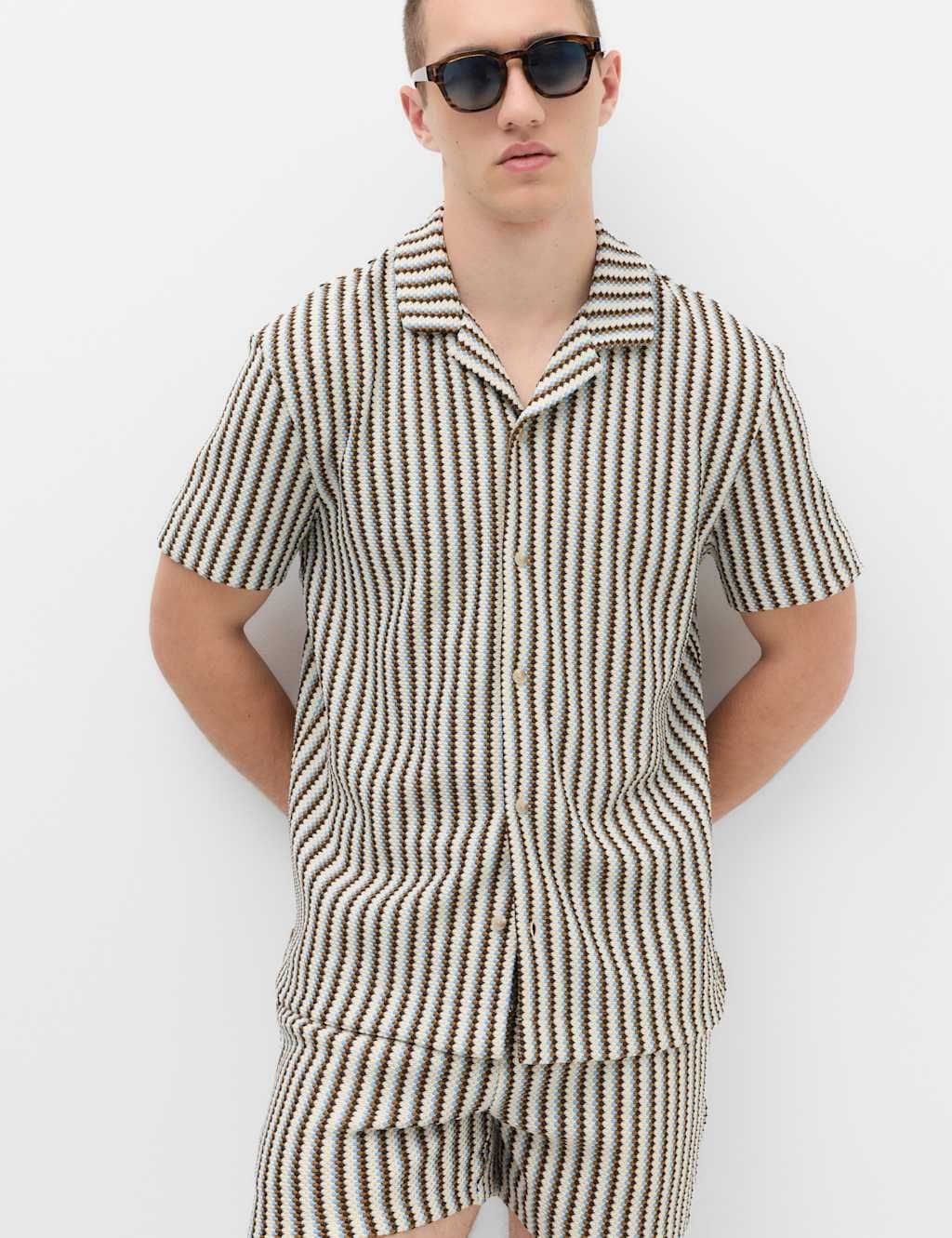 Marks & Spencer M&S Cotton Blend Textured Striped Short Sleeve Shirt Ecru Mix