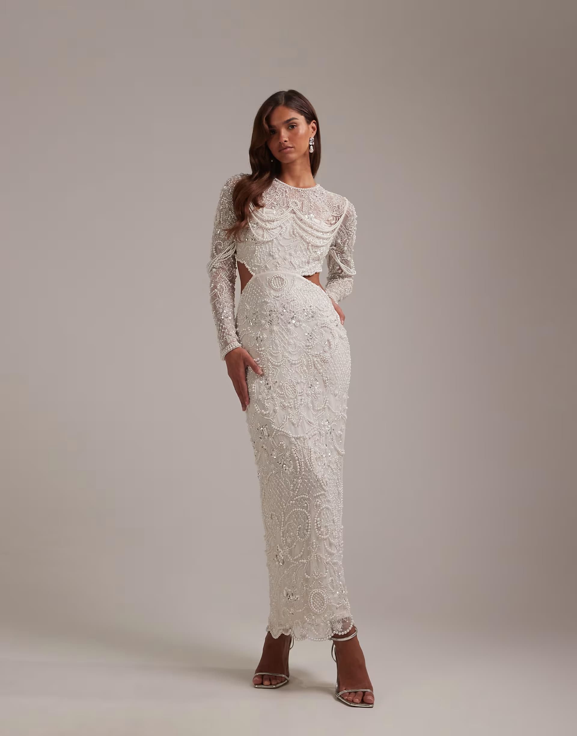 ASOS ASOS DESIGN ornate pearl embellished column maxi wedding dress with cut away waist in ivory