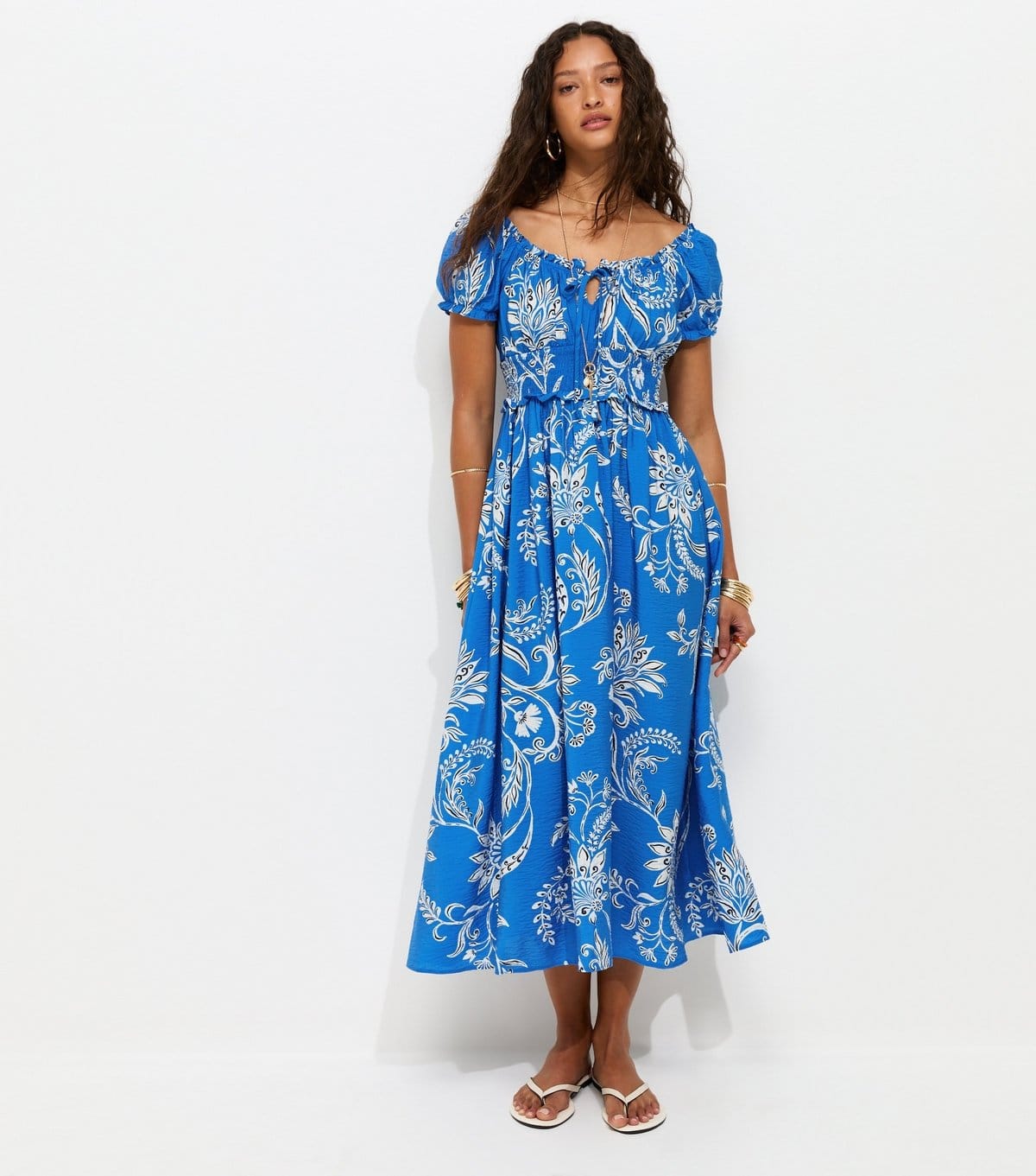 New Look Blue Leaf Pattern Shirred Midi Dress