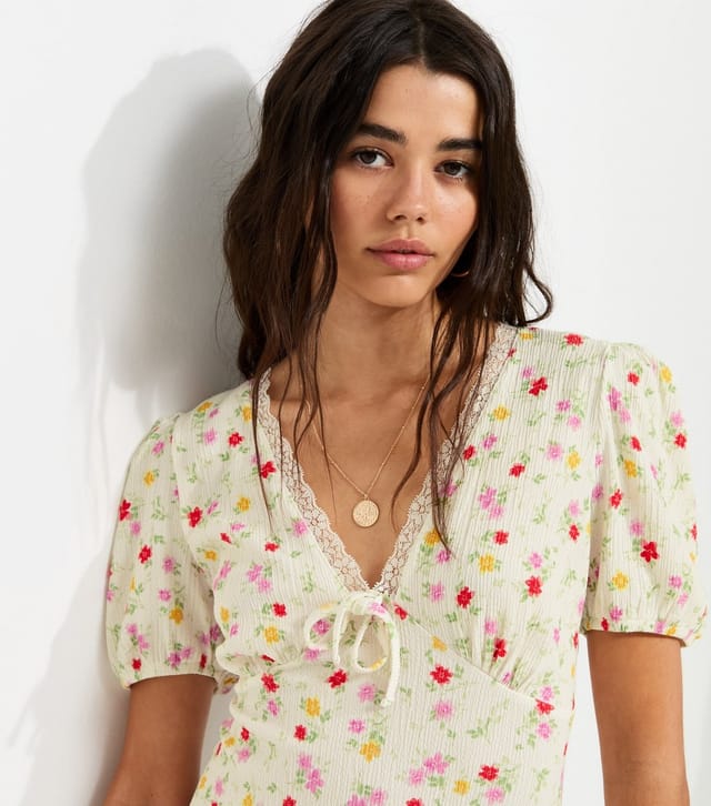New Look Women's Cream Floral Lace Trim Short Sleeve Mini Dress New Look - 2