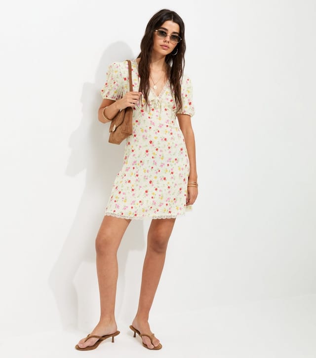 New Look Women's Cream Floral Lace Trim Short Sleeve Mini Dress New Look - 3