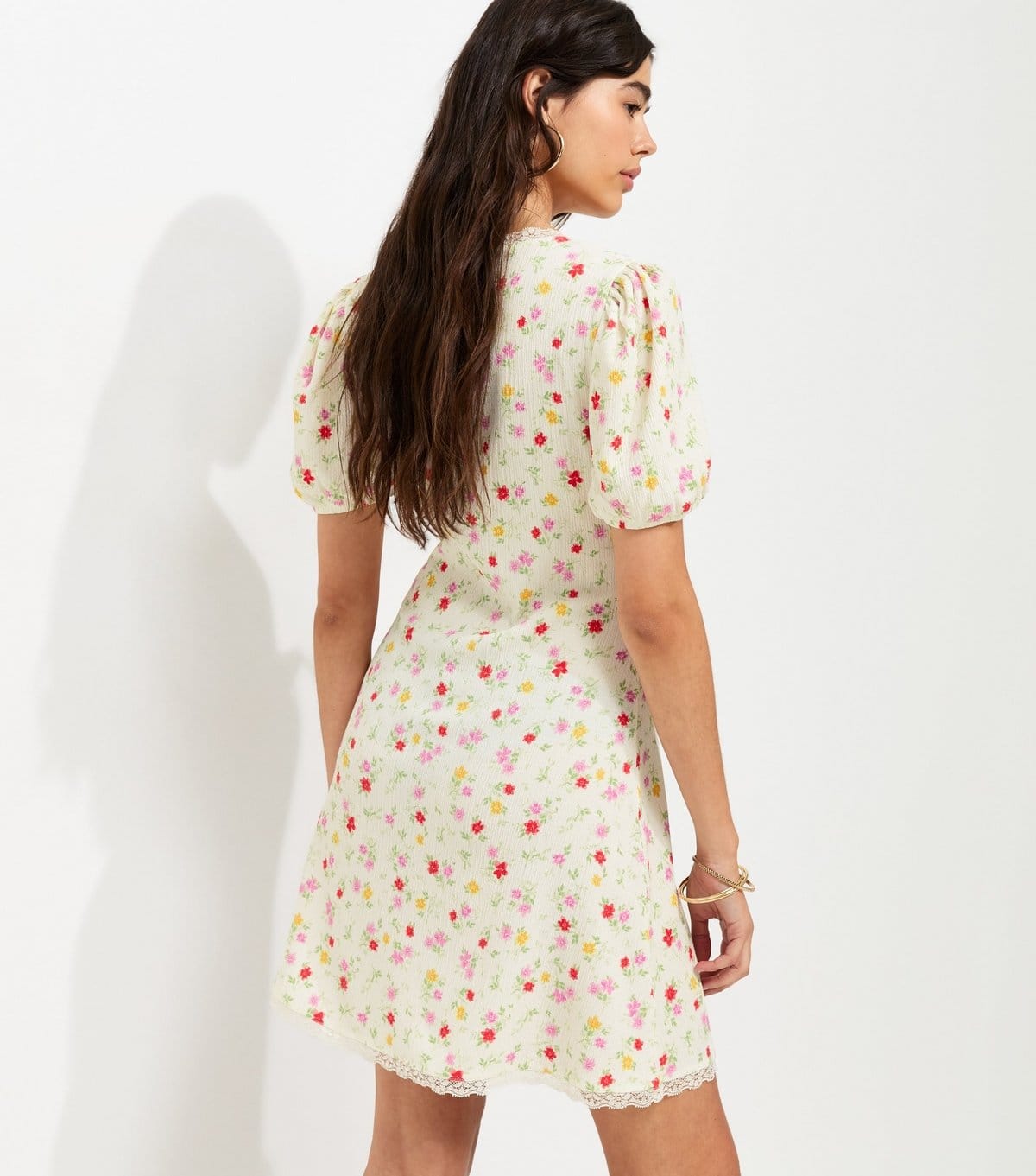 New Look Women's Cream Floral Lace Trim Short Sleeve Mini Dress New Look - 4