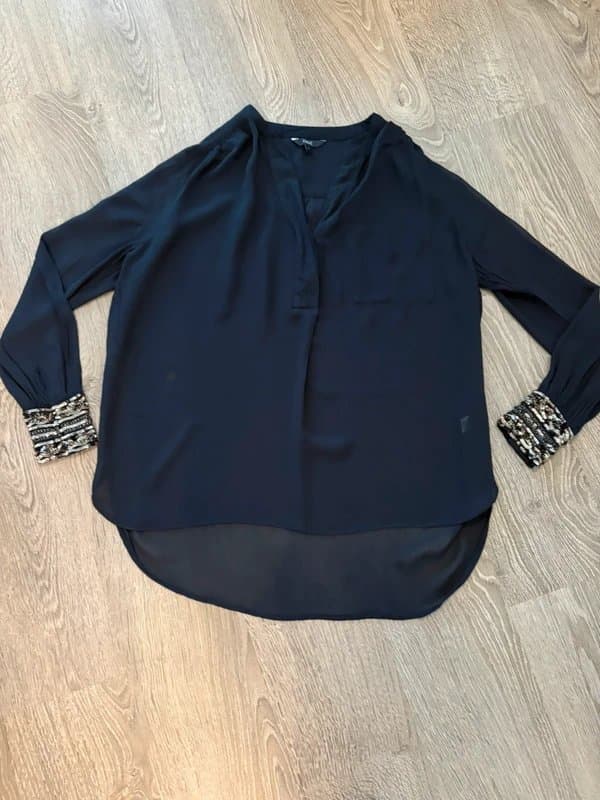 Next Next Navy Embellished Cuff Blouse UK 12 Sequin Sleeve Detail Floaty Top