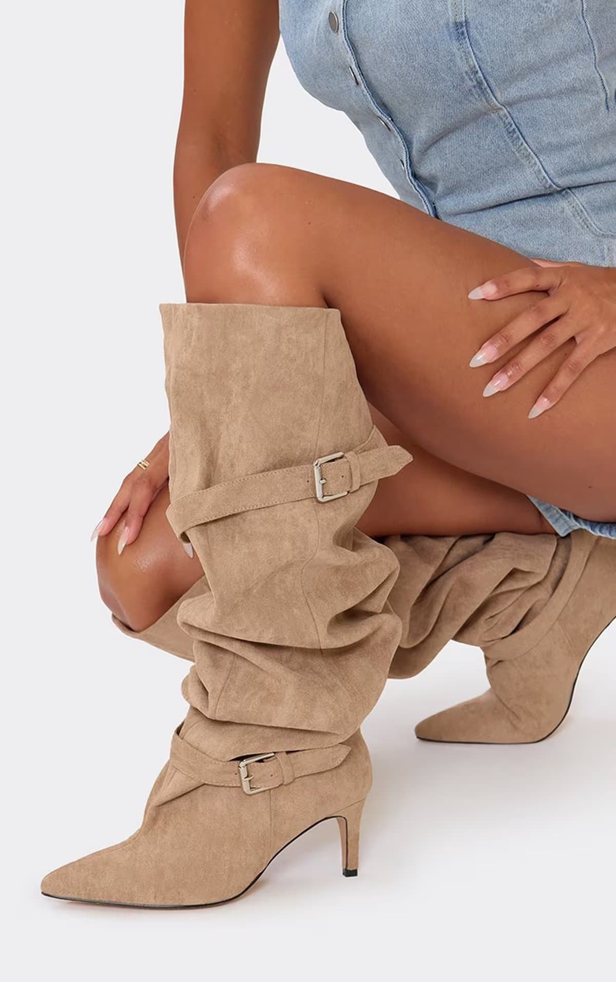 EGO Pyla Buckle Detail Knee High Slouched Heeled Boot In Taupe Faux Suede, Women's Size UK 3