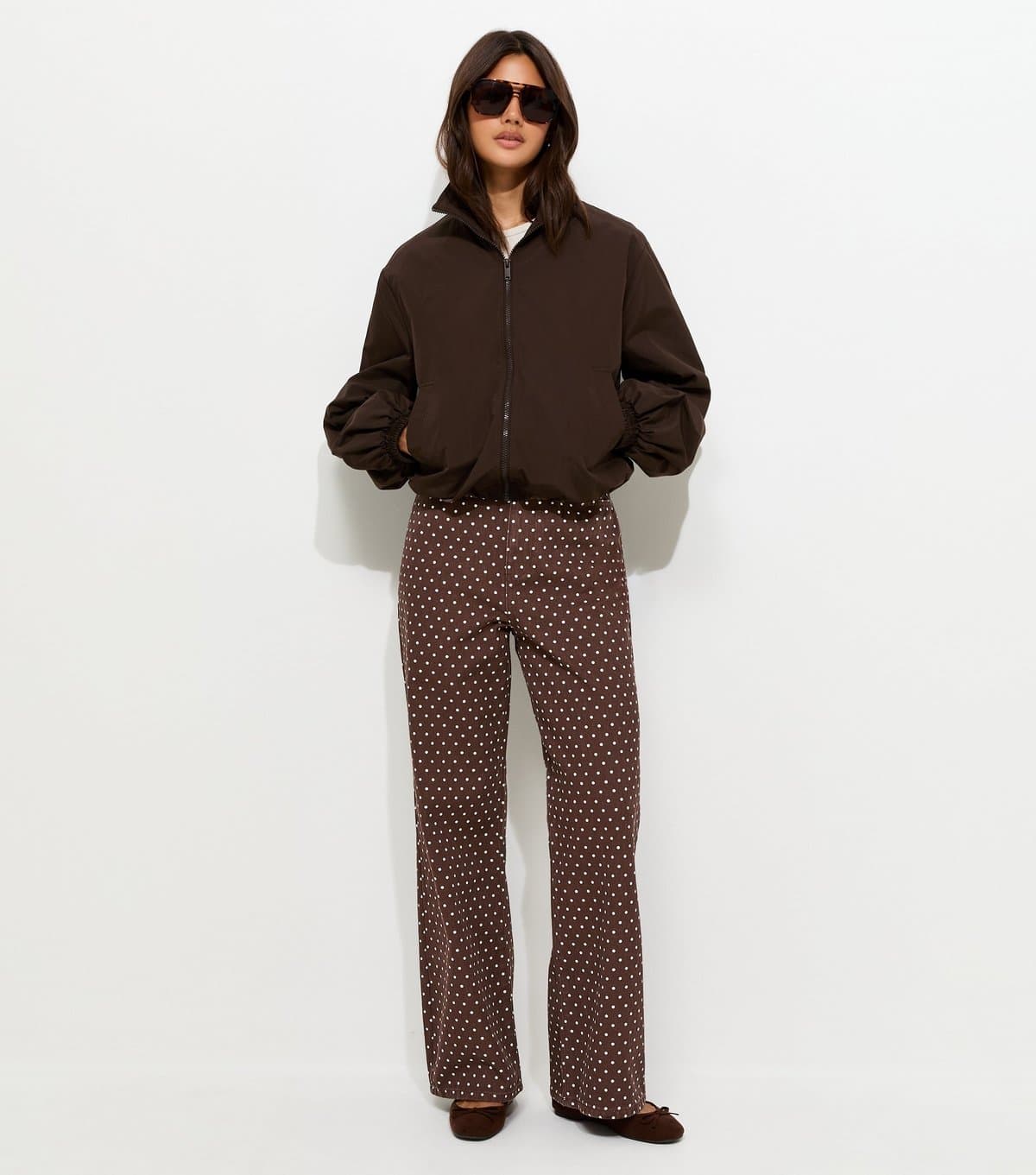 New Look Women's Brown Denim Polka Dot Wide Leg Jeans New Look