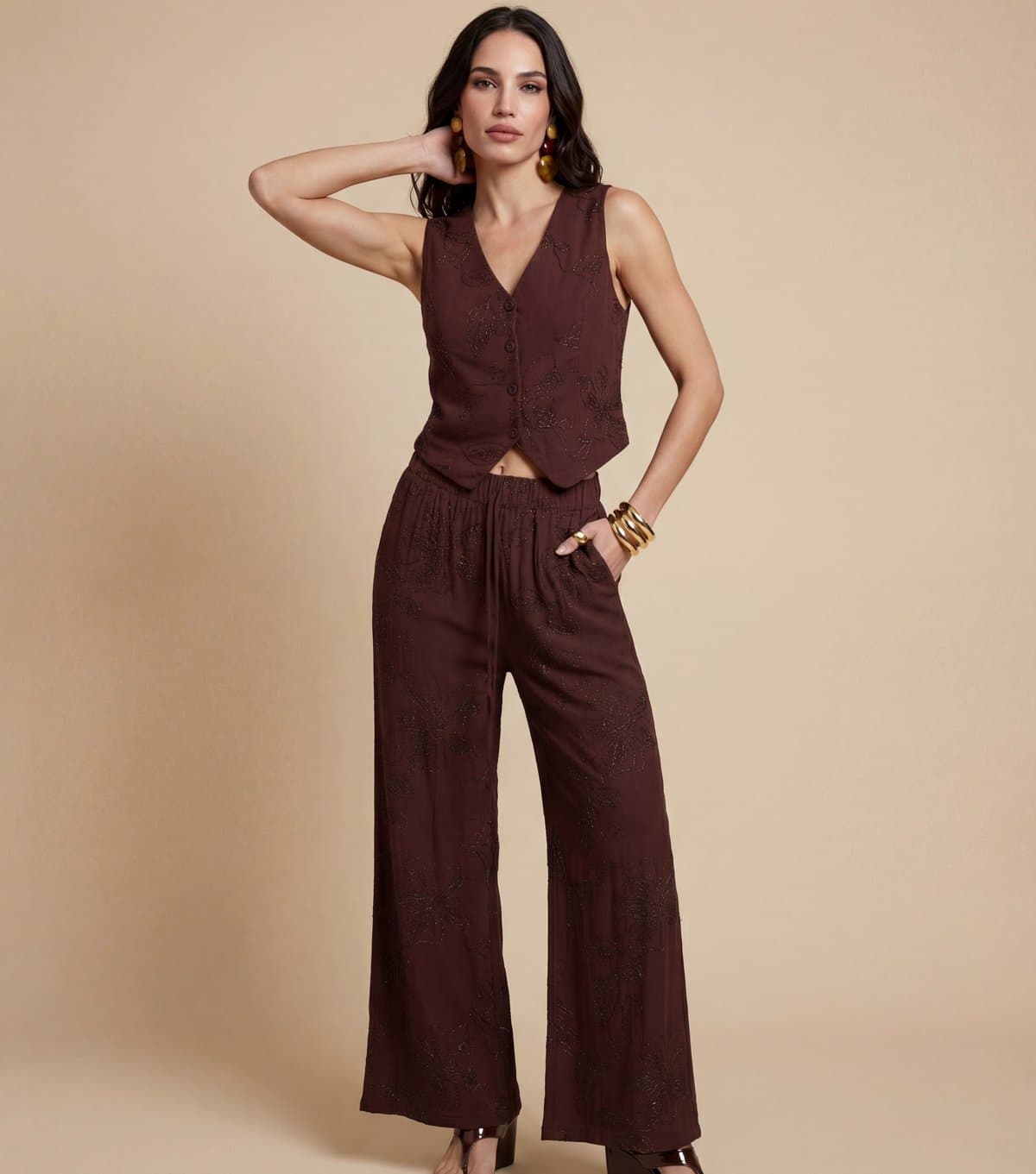 Urban Bliss Women's Brown Floral Embellished Wide Leg Trousers Urban Bliss New Look