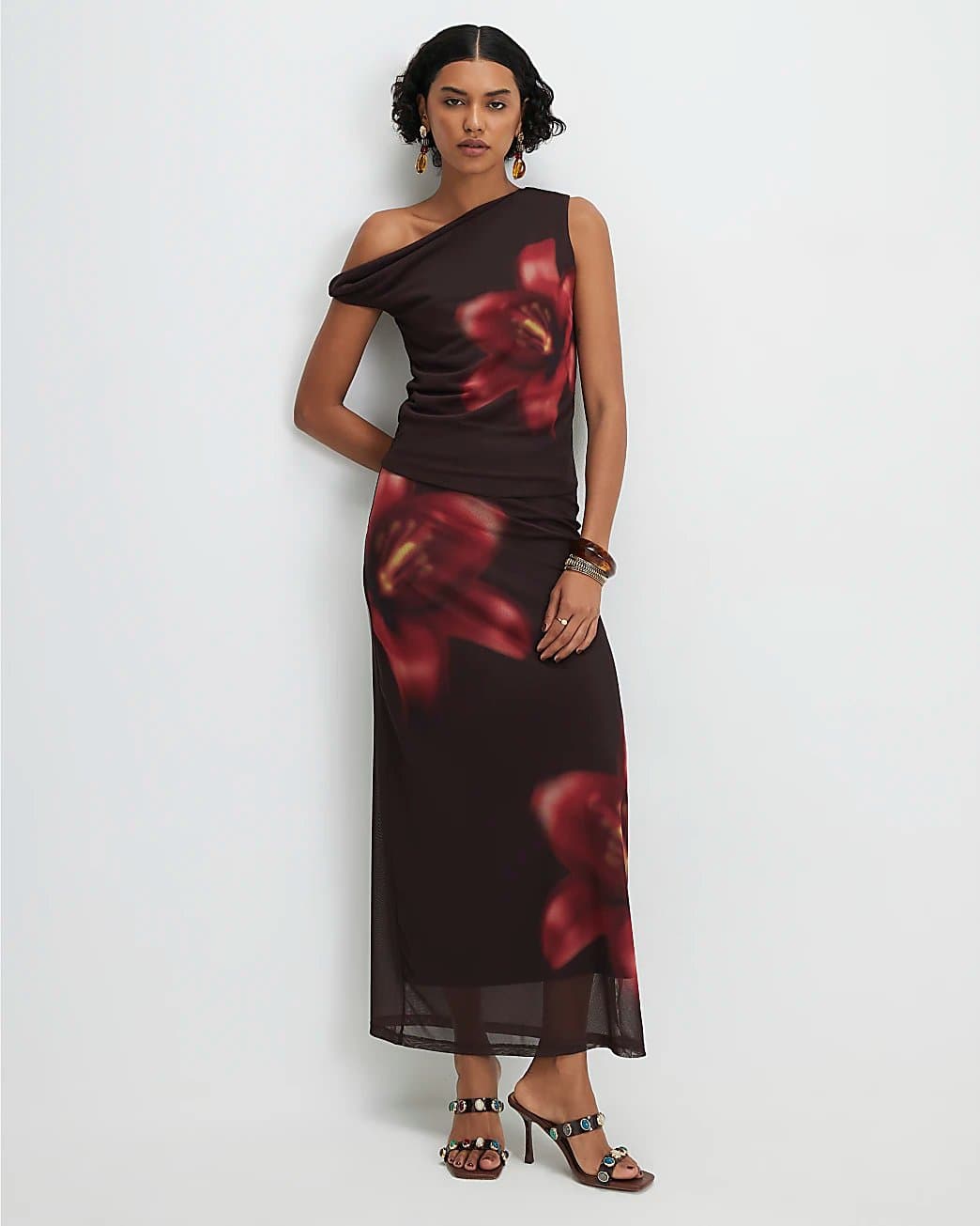 River Island River Island Womens Brown Mesh Floral Print Maxi Skirt