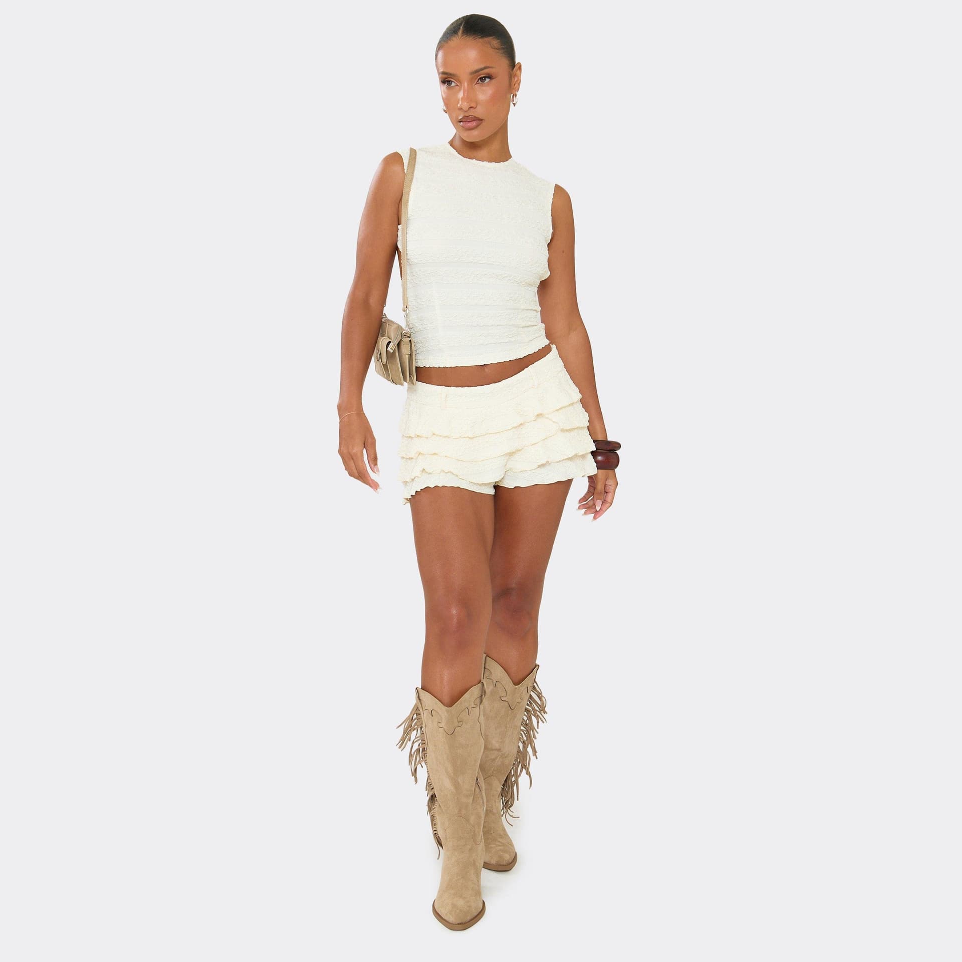 EGO Low Waist Tiered Frill Mini Skort In Cream Texture, Women's Size UK 6