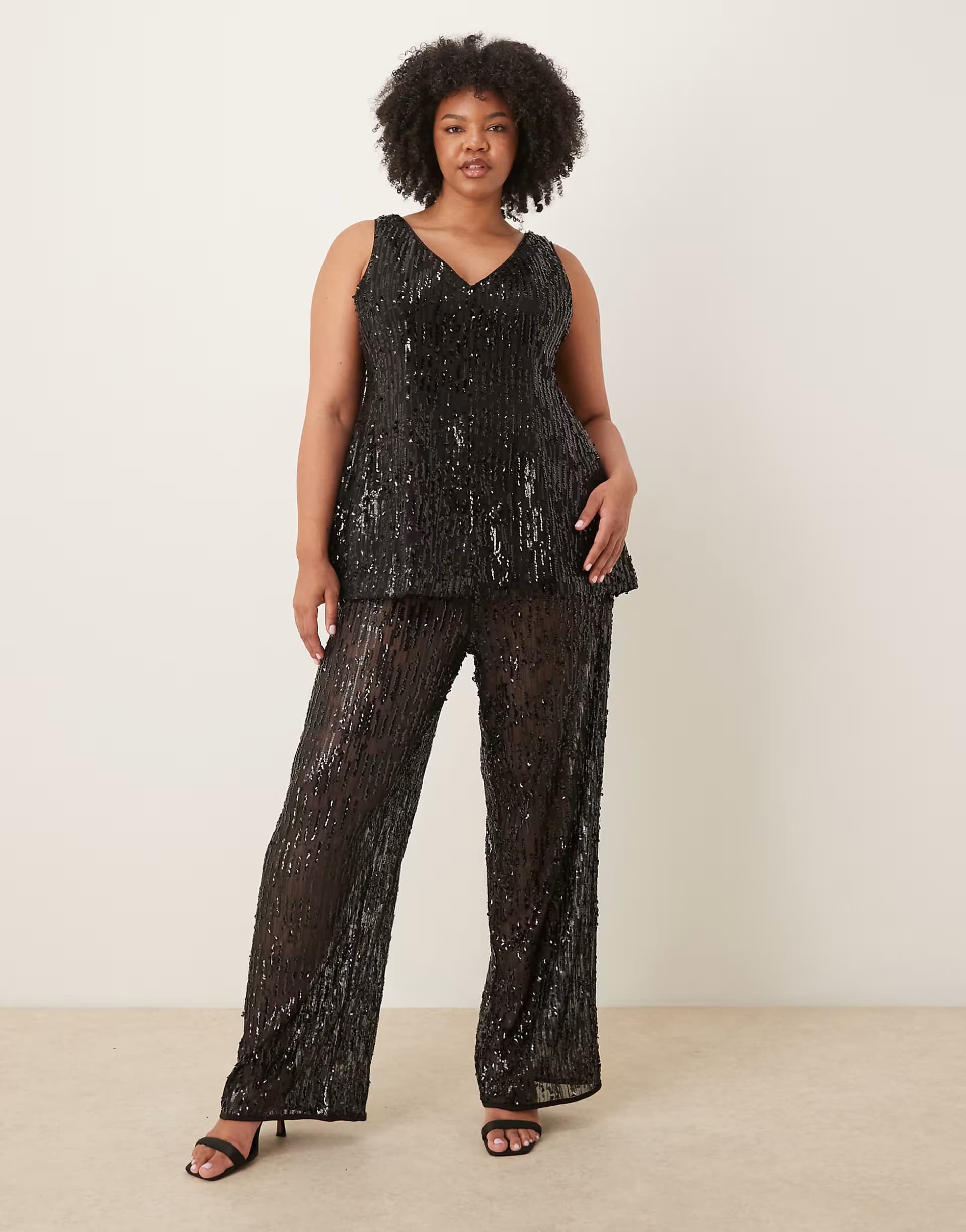 ASOS ASOS DESIGN Curve tailored wide leg sheer sequin trousers co-ord in black 