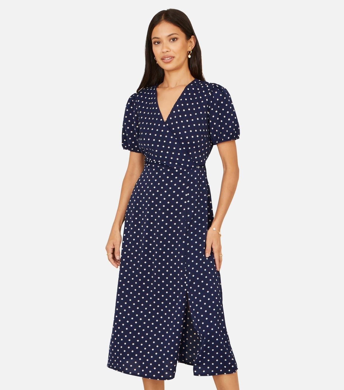 Yumi Women's Navy Spot Wrap Midi Tea Dress Yumi New Look