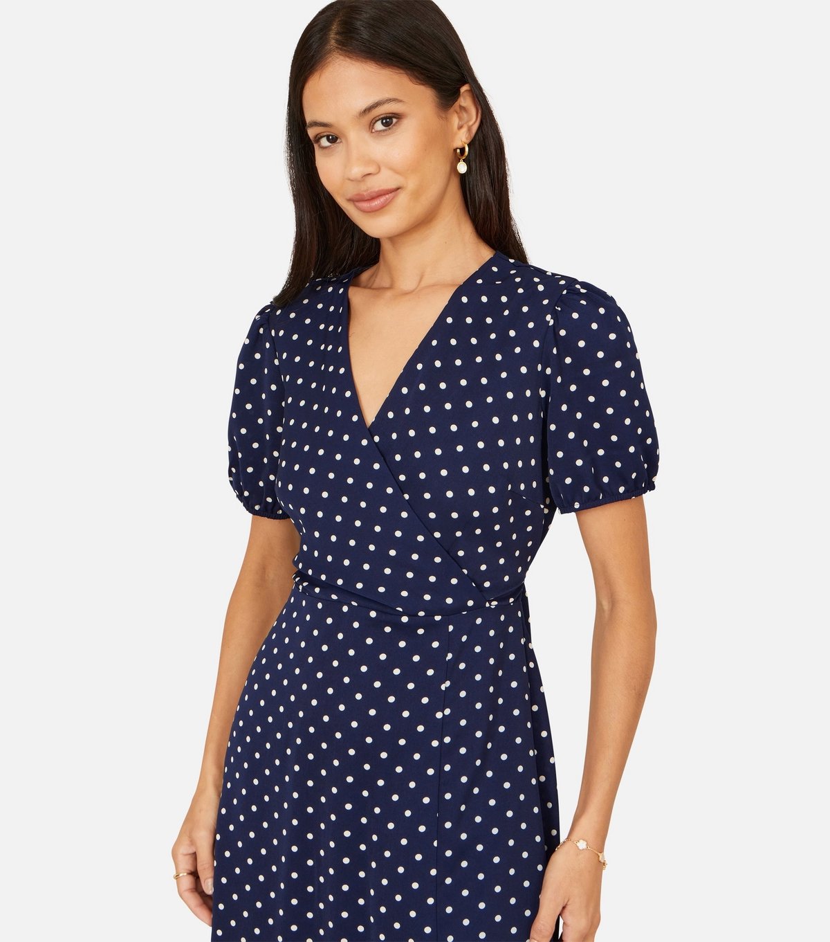 Yumi Women's Navy Spot Wrap Midi Tea Dress Yumi New Look - 4