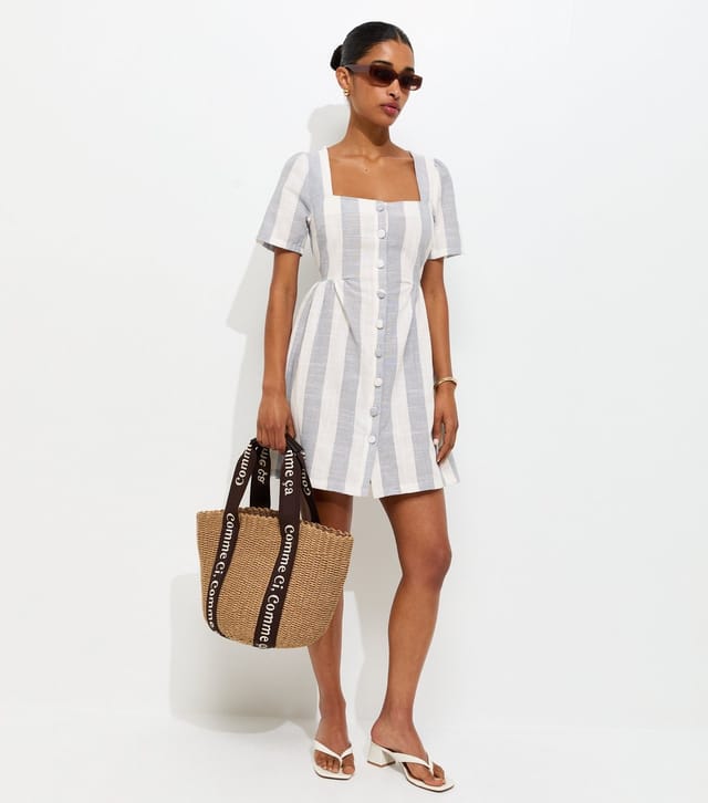 New Look Women's Blue Sailor Stripe Square Neck Button Up Mini Dress New Look - 3