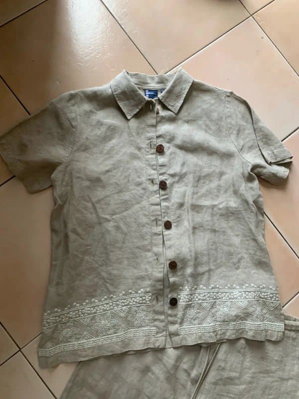 Dash Linen summer vintage outfit embroidered suit cropped trousers size 14 shirt size 12 💯 linen