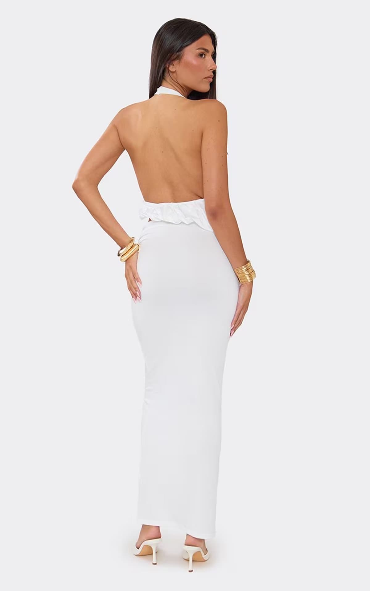 EGO Halterneck Asymmetric Blouson Top And Maxi Skirt Co-Ord Set In White, Women's Size UK S