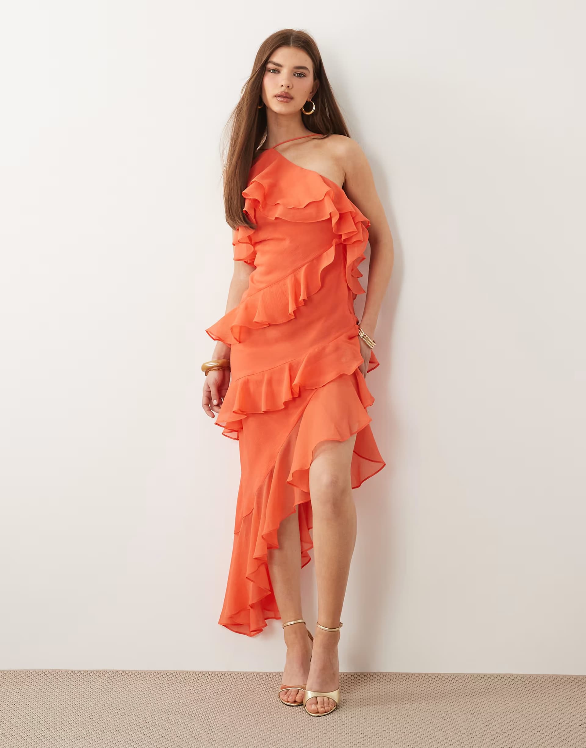 ASOS ASOS DESIGN ruffle halter maxi dress in hot coral