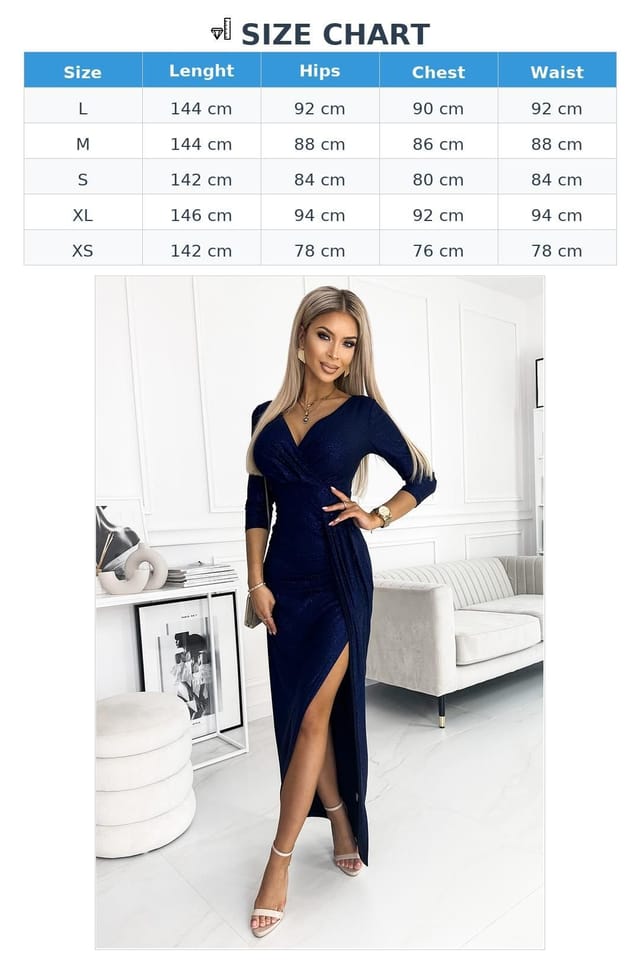 Love Lace Love Lace Women's Glitter Long Dress Envelope Neck Slit in Blue - 3