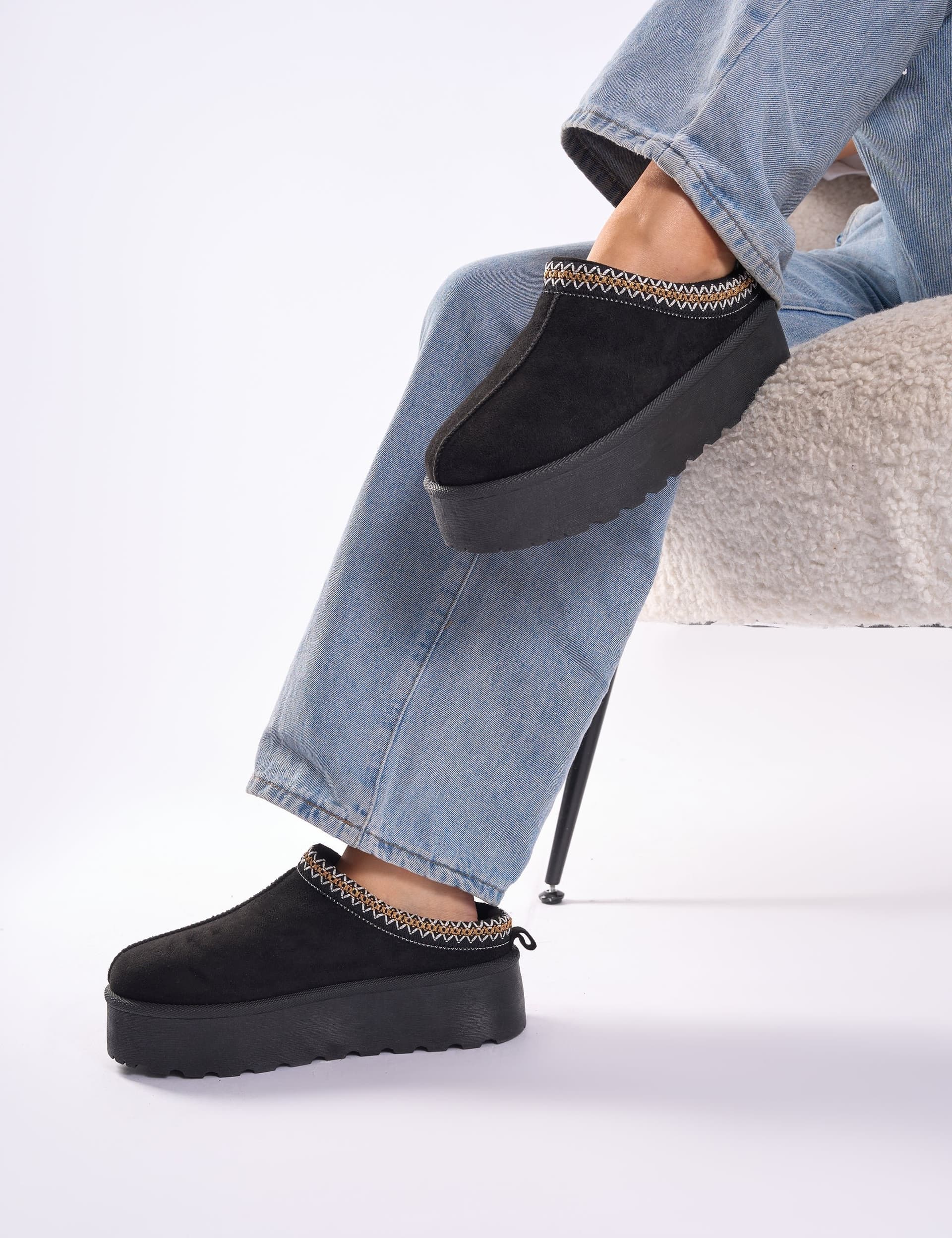 Public Desire Nutmeg Black Faux Fur Lined Platform Mules